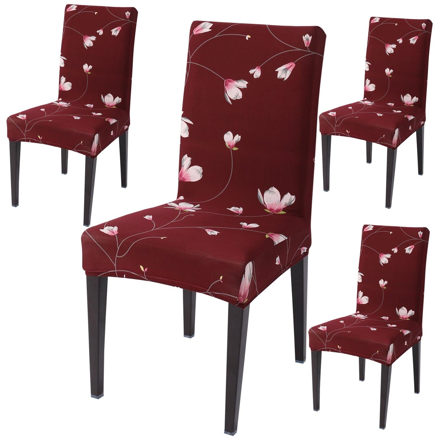 Wine Red Flowers print dining chair covers set of 4 | Hokipo