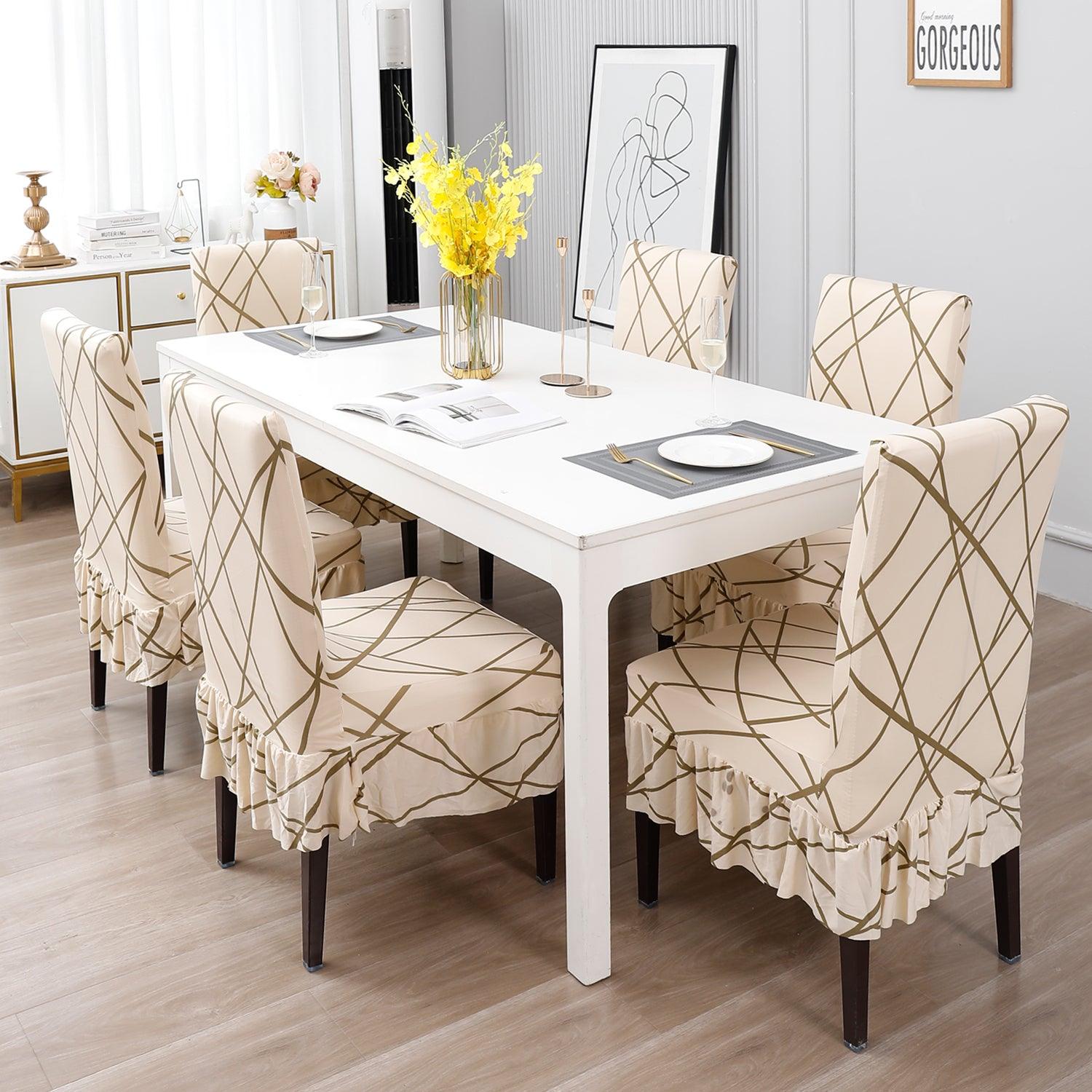 Elastic Stretchable Dining Chair Cover with Frill, Beige Abstract Line - HOKIPO | Har Ghar ka Humsafar