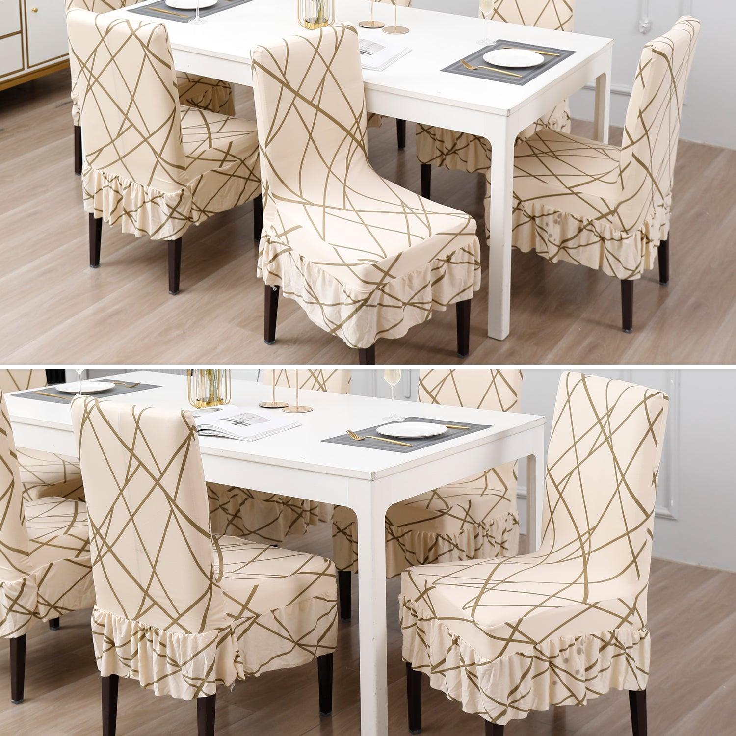 Elastic Stretchable Dining Chair Cover with Frill, Beige Abstract Line - HOKIPO | Har Ghar ka Humsafar