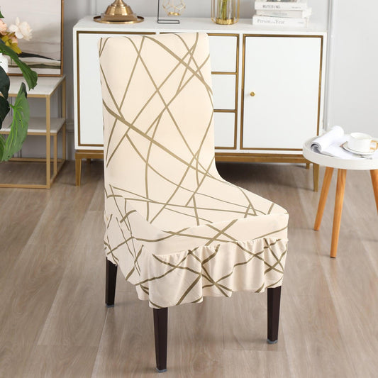 Elastic Stretchable Dining Chair Cover with Frill, Beige Abstract Line - HOKIPO | Har Ghar ka Humsafar