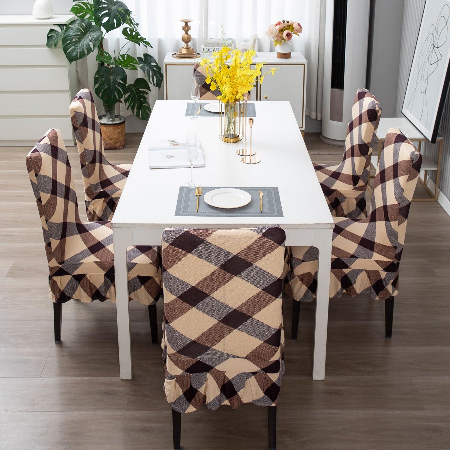 Elastic Stretchable Dining Chair Cover with Frill, Beige Checks - HOKIPO | Har Ghar ka Humsafar