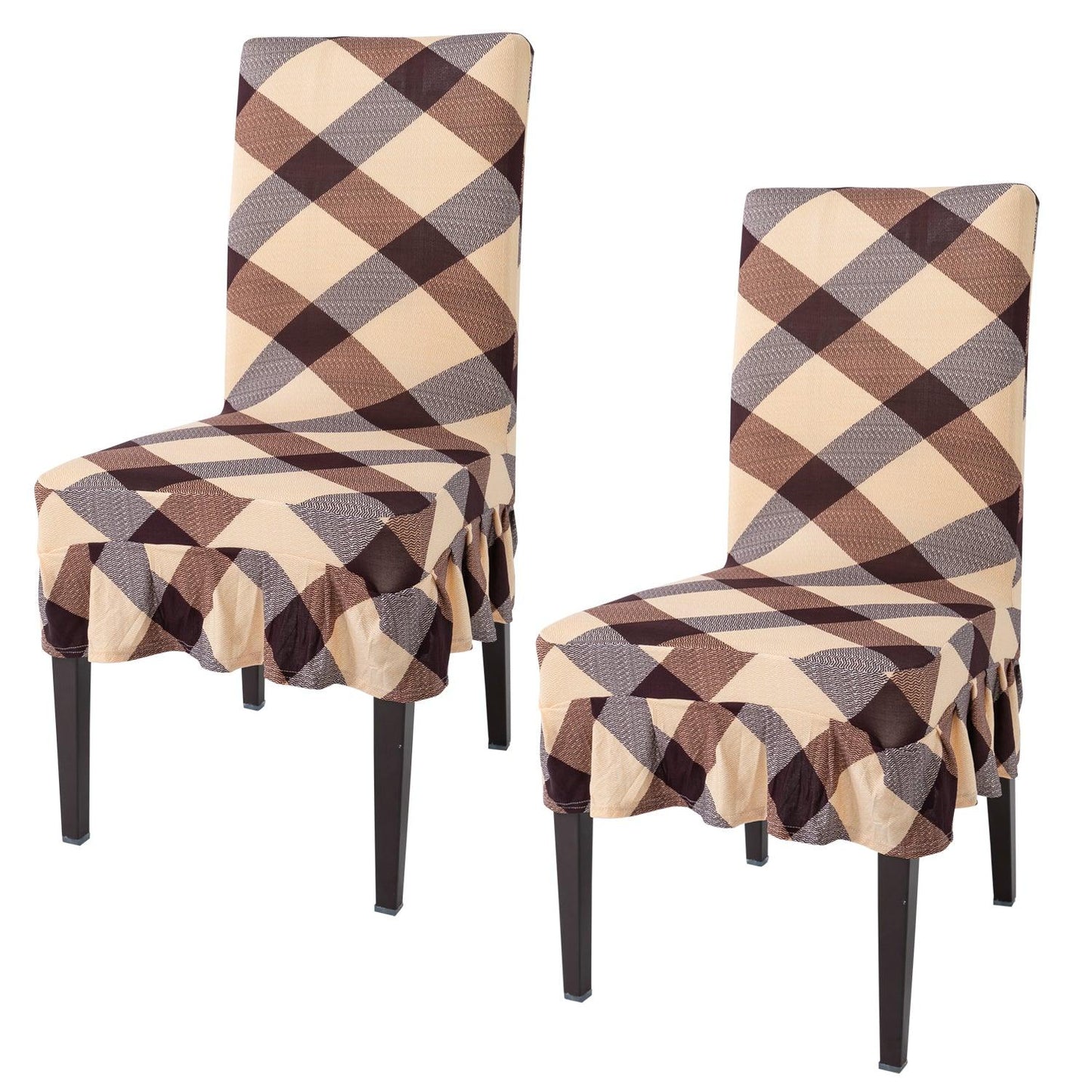 Elastic Stretchable Dining Chair Cover with Frill, Beige Checks - HOKIPO | Har Ghar ka Humsafar