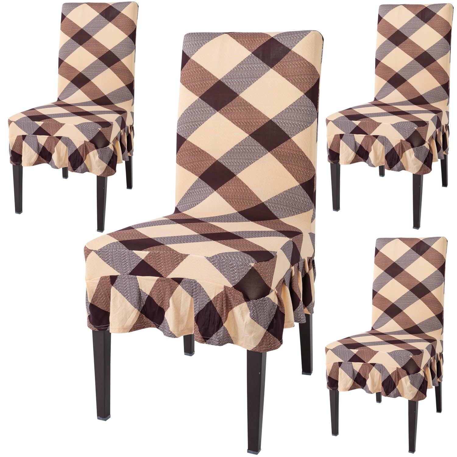 Elastic Stretchable Dining Chair Cover with Frill, Beige Checks - HOKIPO | Har Ghar ka Humsafar