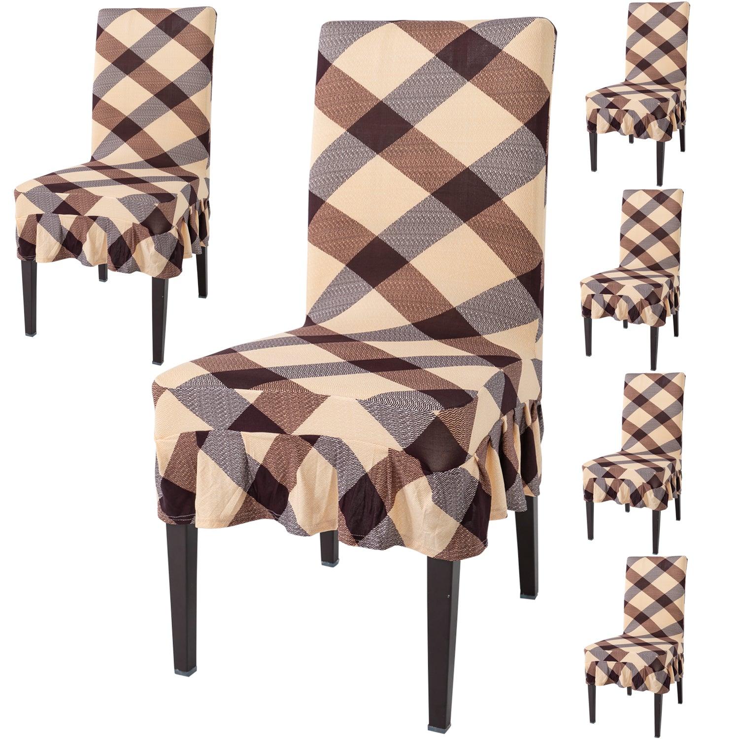Elastic Stretchable Dining Chair Cover with Frill, Beige Checks - HOKIPO | Har Ghar ka Humsafar