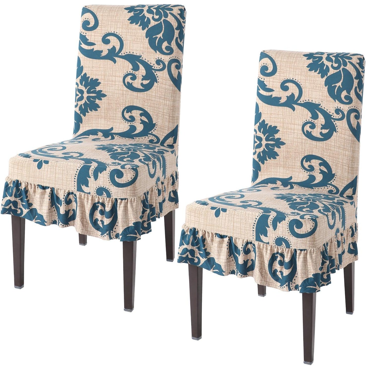 Elastic Stretchable Dining Chair Cover with Frill, Beige Damask - HOKIPO | Har Ghar ka Humsafar