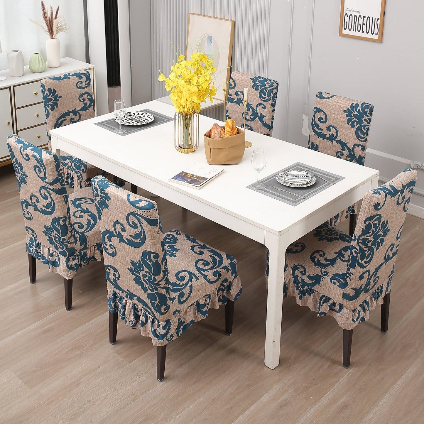 Elastic Stretchable Dining Chair Cover with Frill, Beige Damask - HOKIPO | Har Ghar ka Humsafar