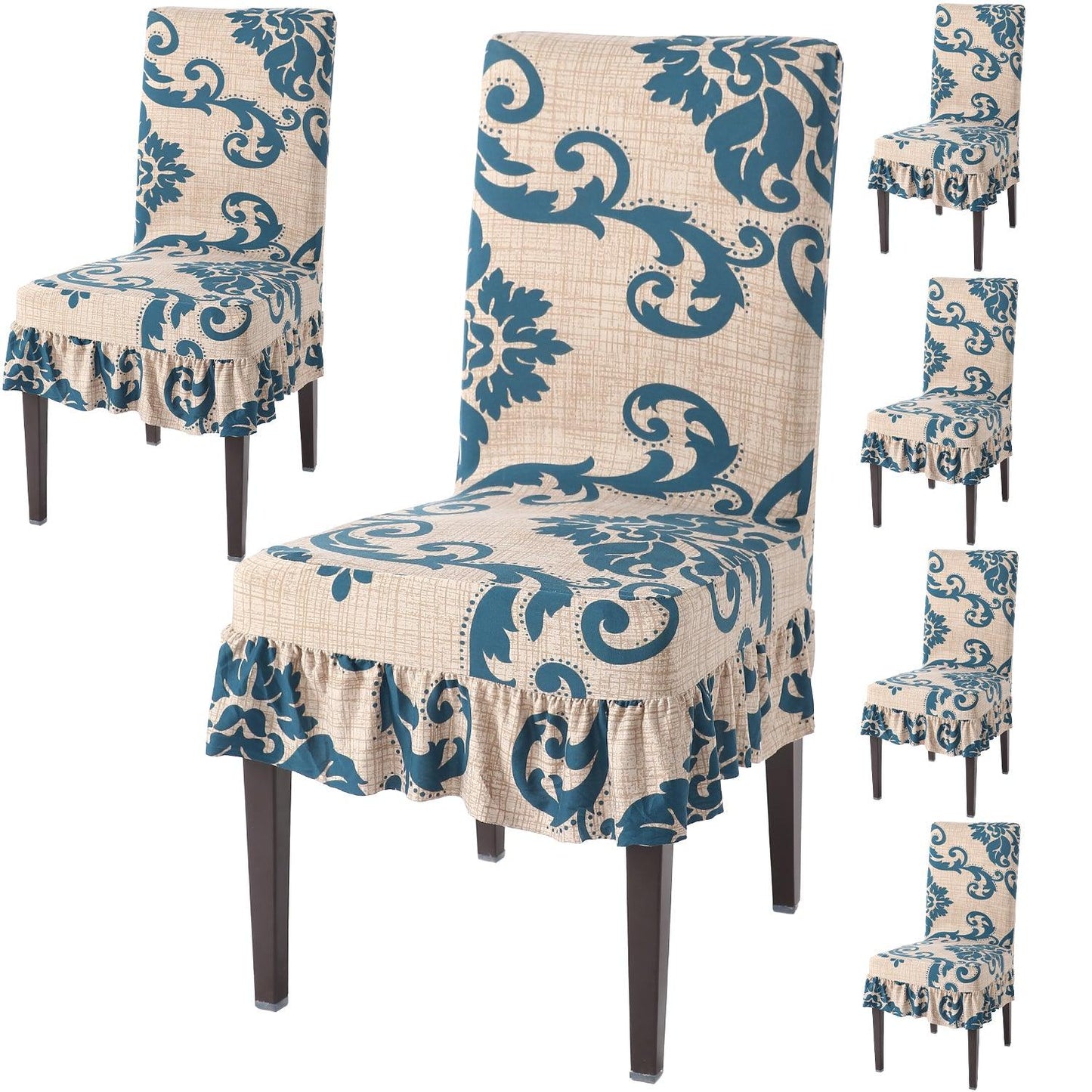 Elastic Stretchable Dining Chair Cover with Frill, Beige Damask - HOKIPO | Har Ghar ka Humsafar