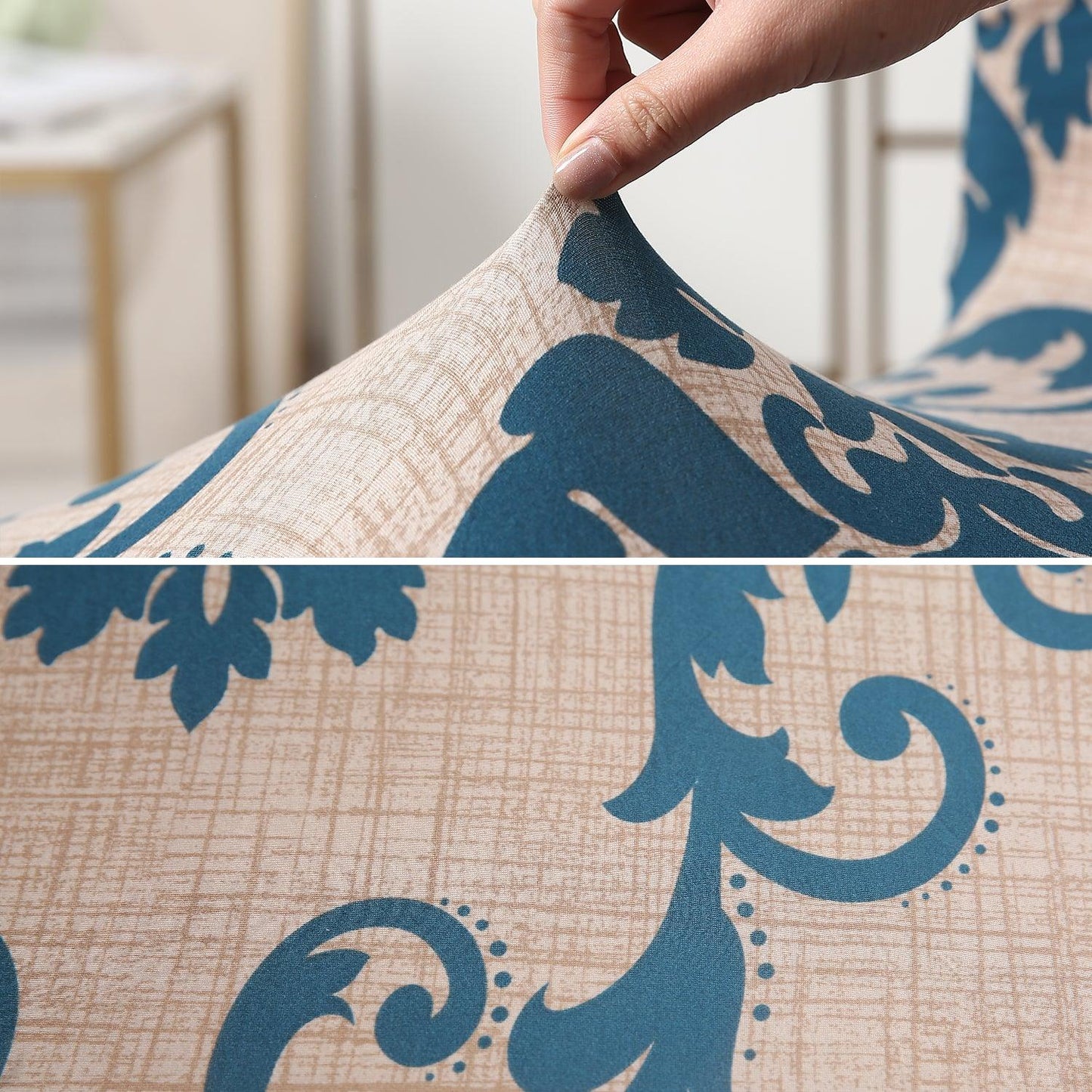 Elastic Stretchable Dining Chair Cover with Frill, Beige Damask - HOKIPO | Har Ghar ka Humsafar