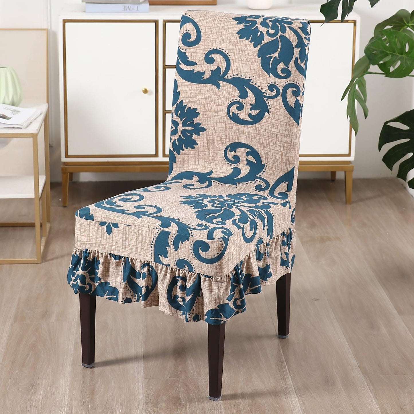 Elastic Stretchable Dining Chair Cover with Frill, Beige Damask - HOKIPO | Har Ghar ka Humsafar