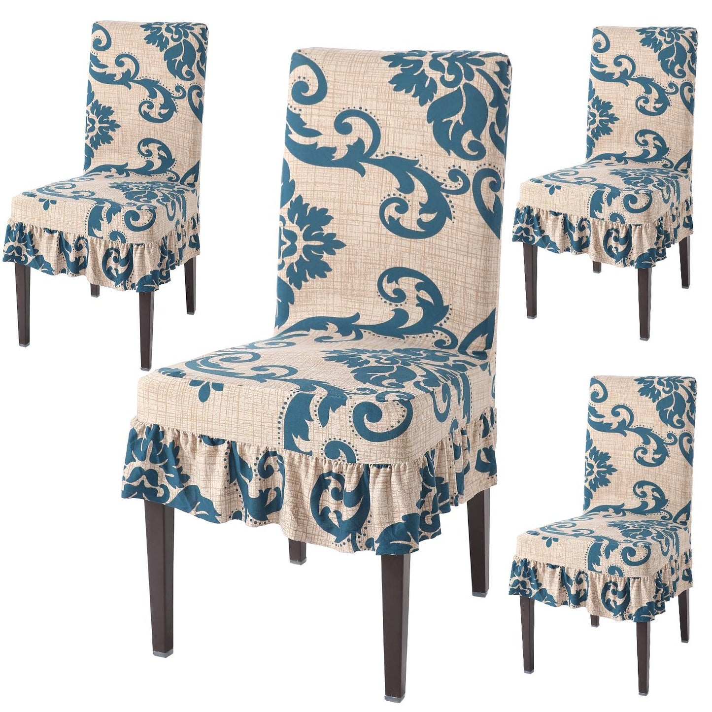 Elastic Stretchable Dining Chair Cover with Frill, Beige Damask - HOKIPO | Har Ghar ka Humsafar