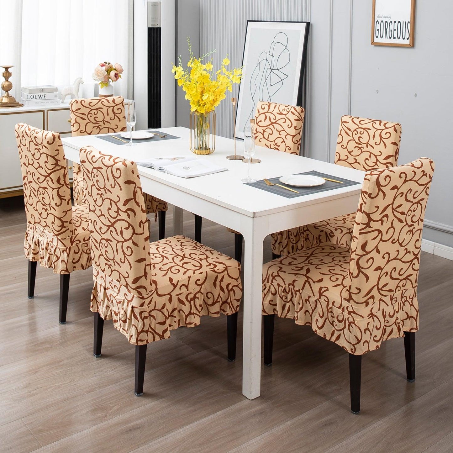 Elastic Stretchable Dining Chair Cover with Frill, Beige Vines - HOKIPO | Har Ghar ka Humsafar