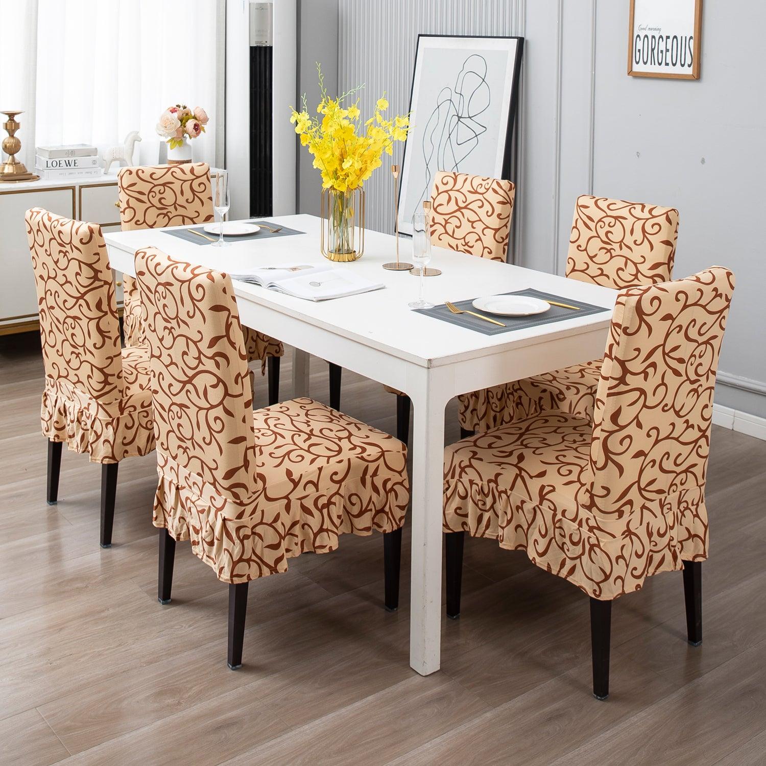 Elastic Stretchable Dining Chair Cover with Frill, Beige Vines - HOKIPO | Har Ghar ka Humsafar