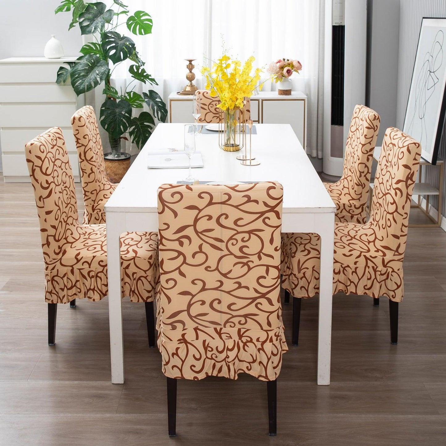 Elastic Stretchable Dining Chair Cover with Frill, Beige Vines - HOKIPO | Har Ghar ka Humsafar