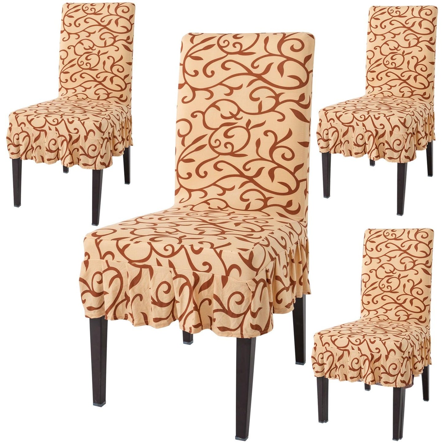 Elastic Stretchable Dining Chair Cover with Frill, Beige Vines - HOKIPO | Har Ghar ka Humsafar