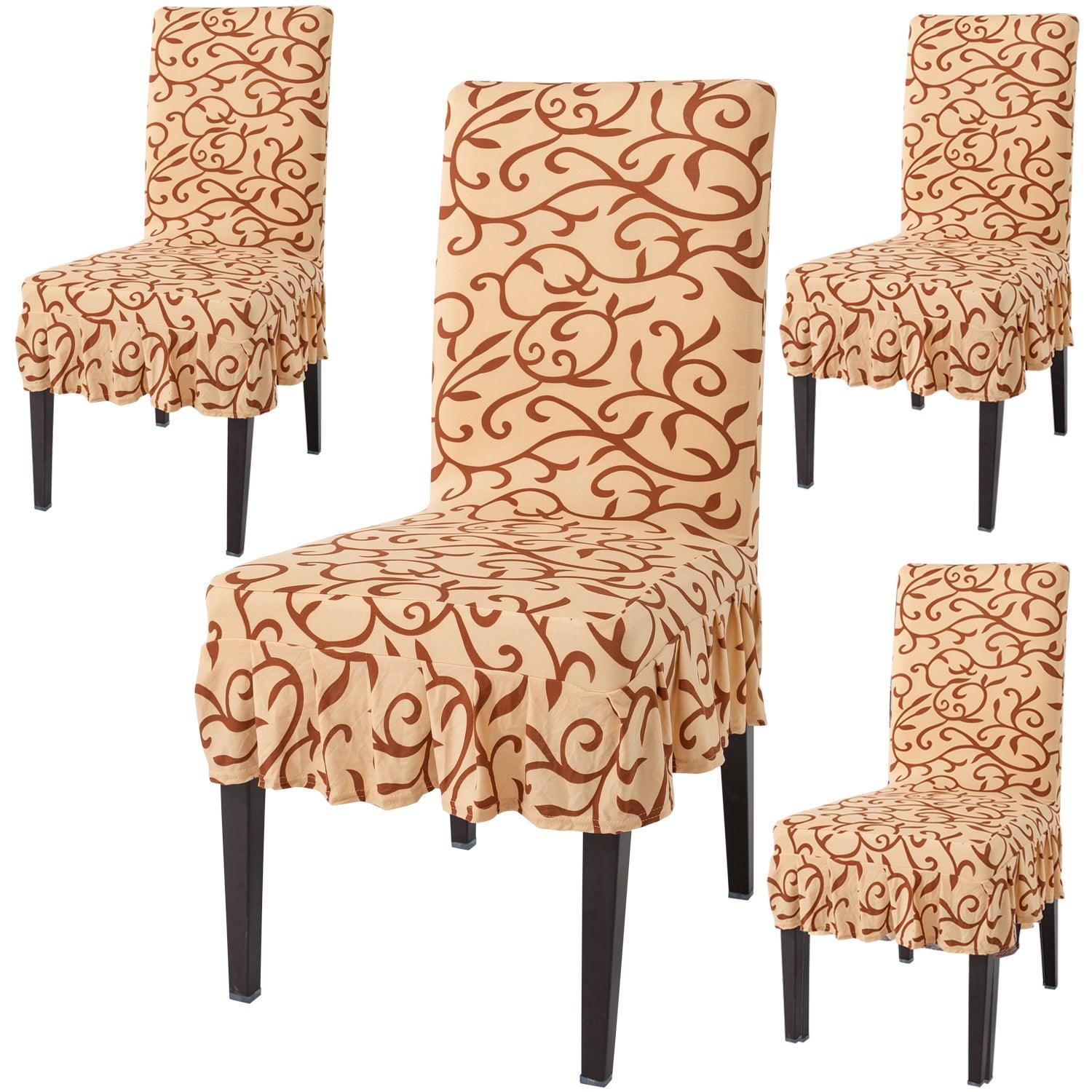 Elastic Stretchable Dining Chair Cover with Frill, Beige Vines - HOKIPO | Har Ghar ka Humsafar
