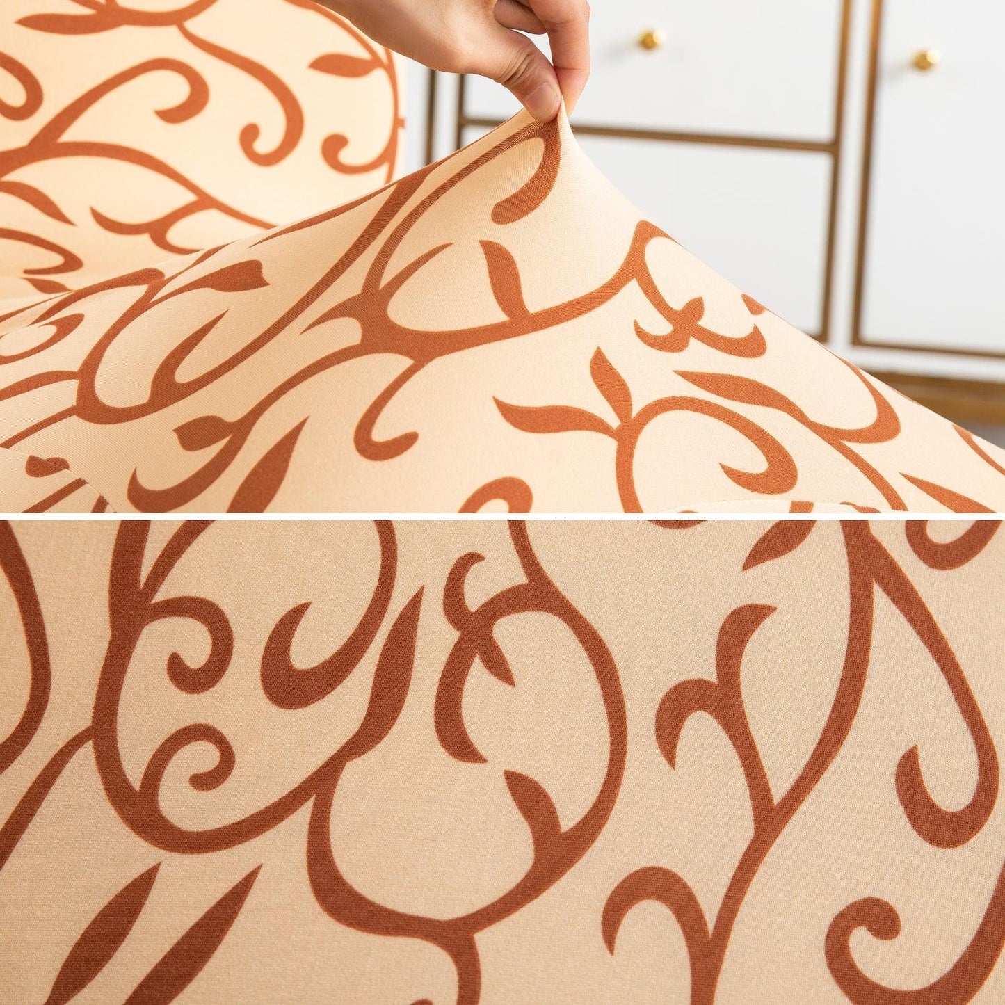 Elastic Stretchable Dining Chair Cover with Frill, Beige Vines - HOKIPO | Har Ghar ka Humsafar