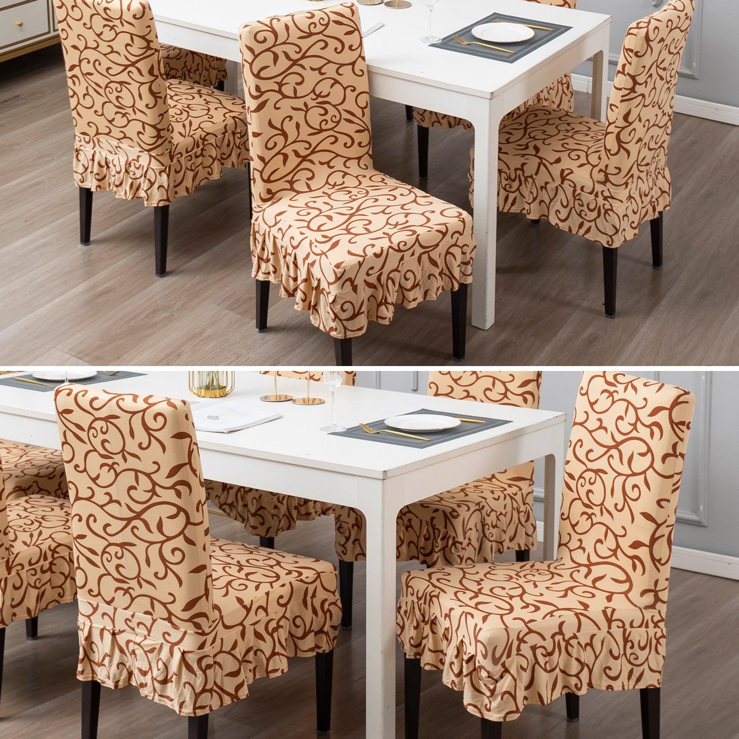 Elastic Stretchable Dining Chair Cover with Frill, Beige Vines - HOKIPO | Har Ghar ka Humsafar