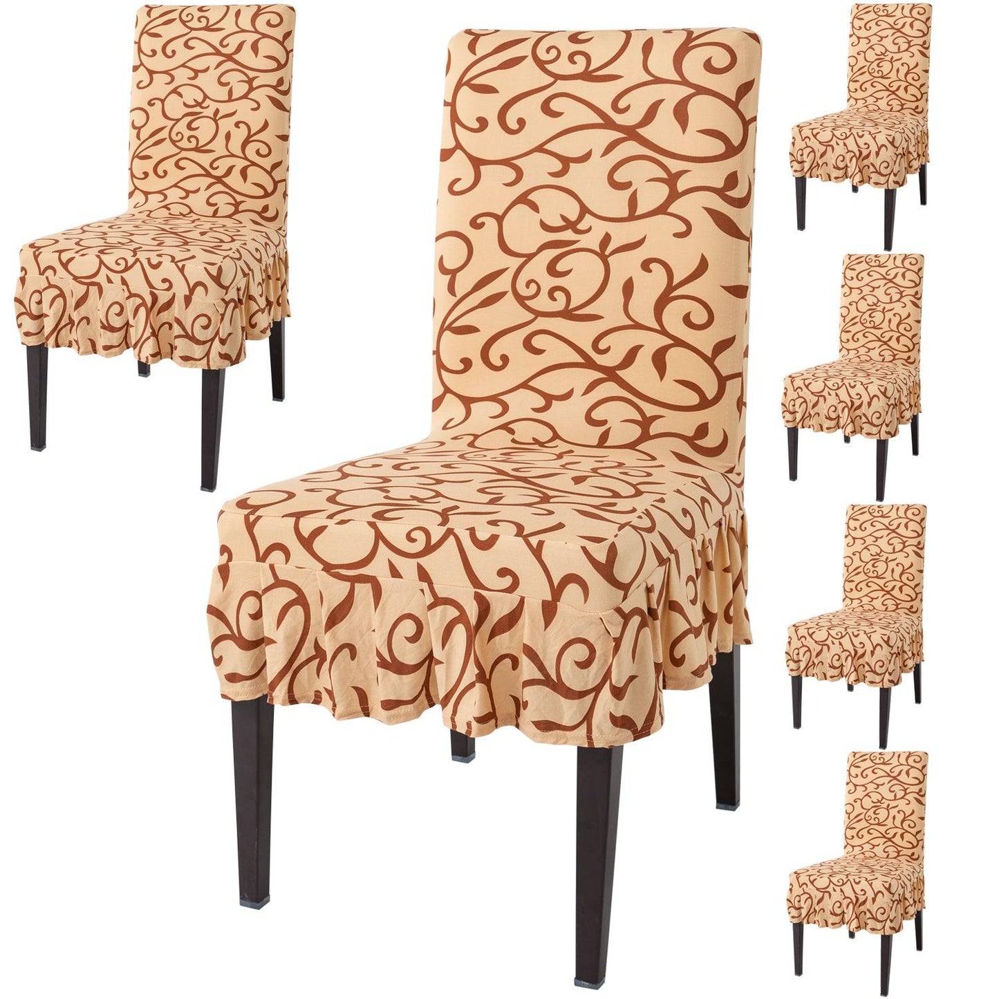 Elastic Stretchable Dining Chair Cover with Frill, Beige Vines - HOKIPO | Har Ghar ka Humsafar