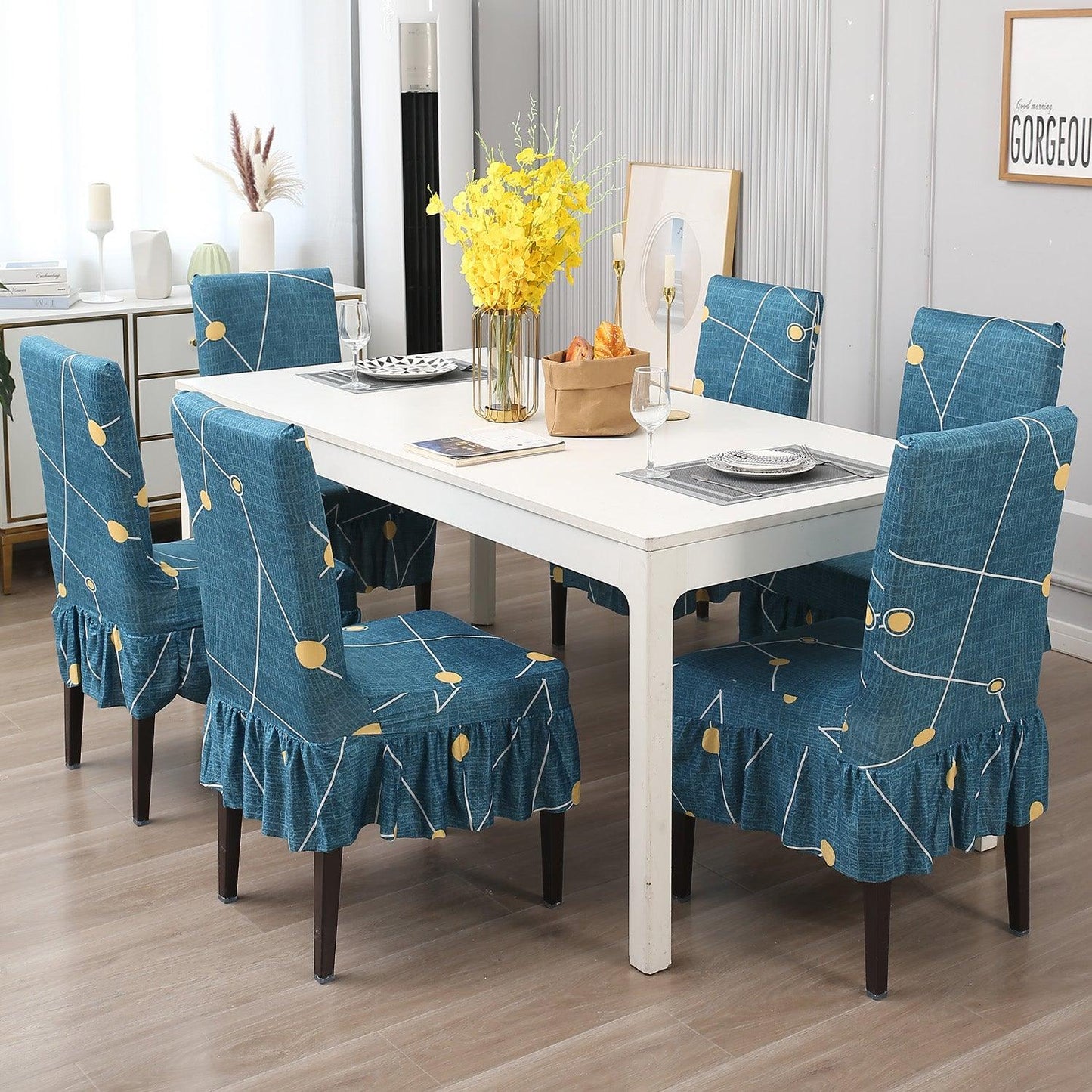 Elastic Stretchable Dining Chair Cover with Frill, Blue Constellation - HOKIPO | Har Ghar ka Humsafar