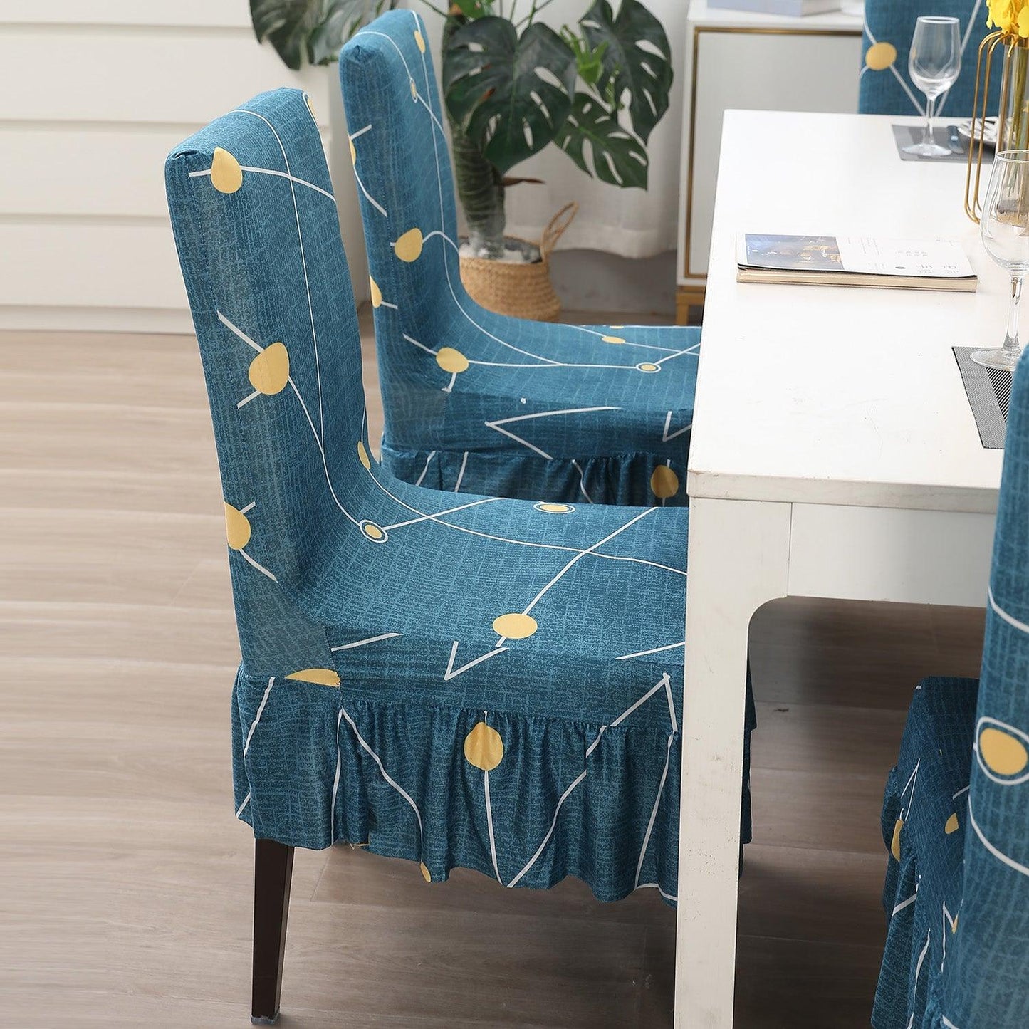 Elastic Stretchable Dining Chair Cover with Frill, Blue Constellation - HOKIPO | Har Ghar ka Humsafar