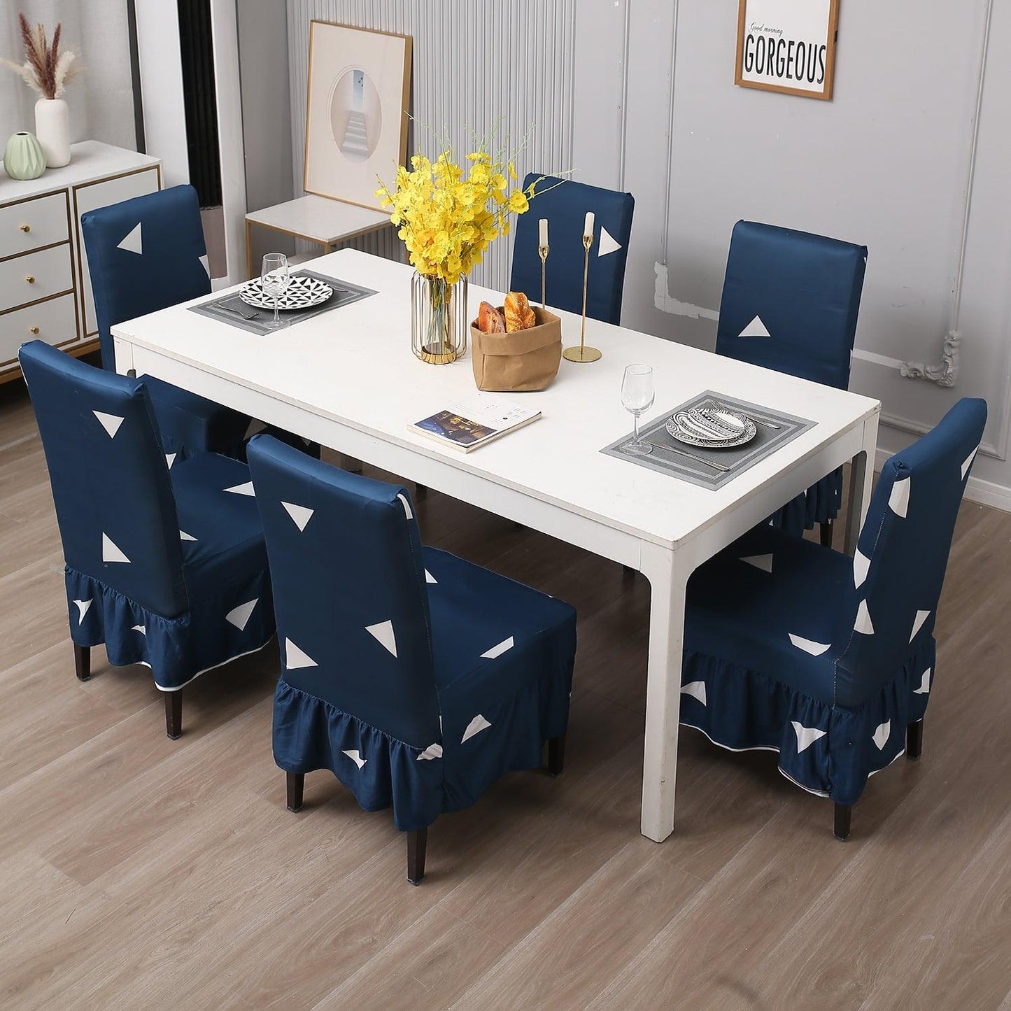 Elastic Stretchable Dining Chair Cover with Frill, Blue Triangle - HOKIPO | Har Ghar ka Humsafar