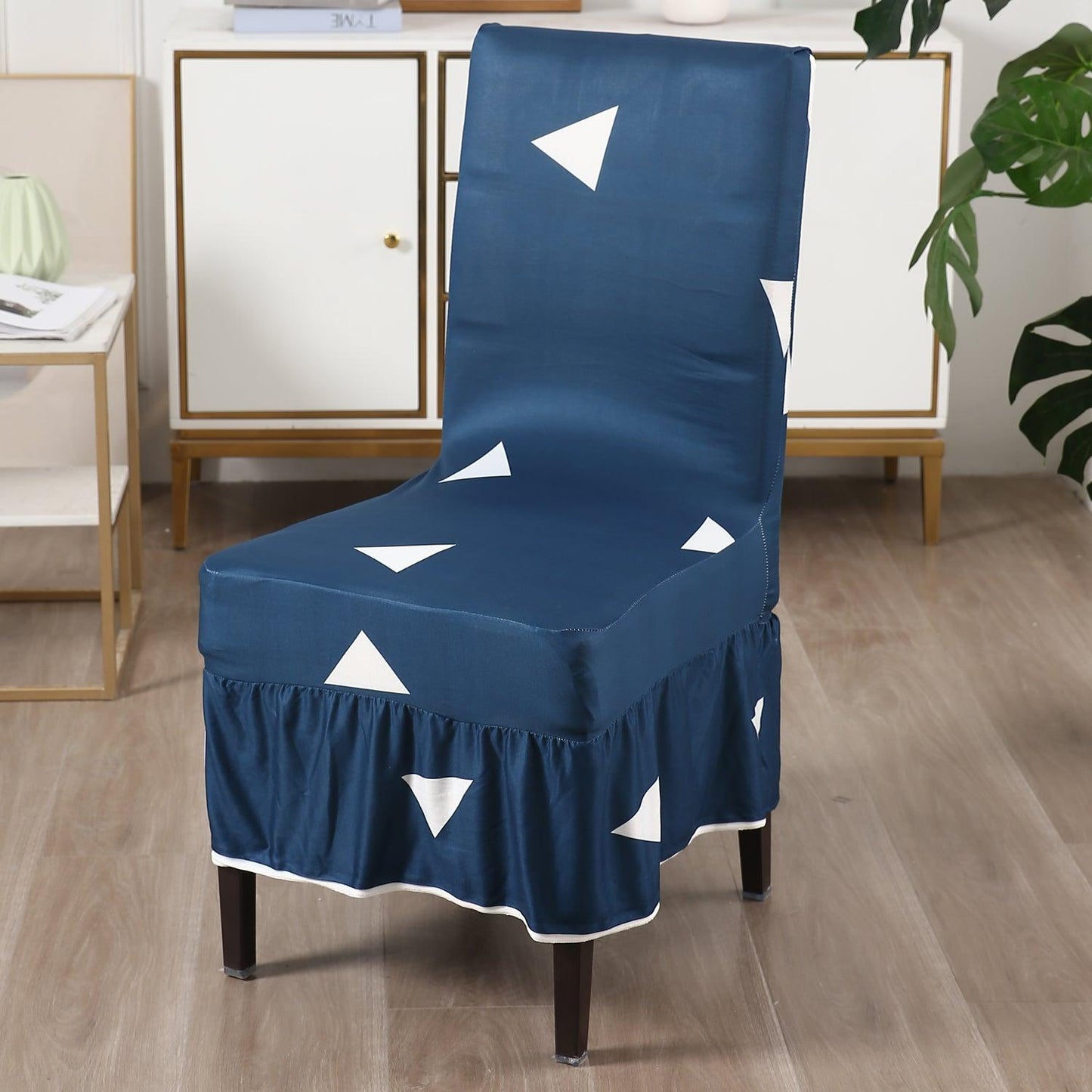 Elastic Stretchable Dining Chair Cover with Frill, Blue Triangle - HOKIPO | Har Ghar ka Humsafar