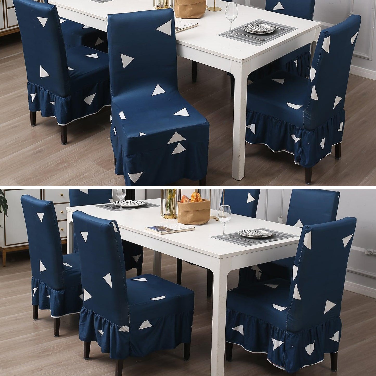 Elastic Stretchable Dining Chair Cover with Frill, Blue Triangle - HOKIPO | Har Ghar ka Humsafar