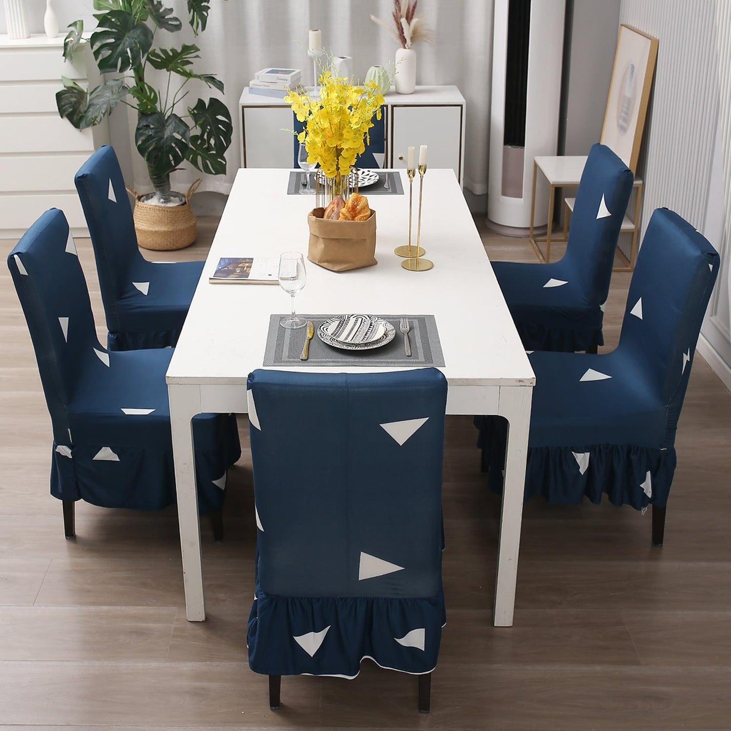 Elastic Stretchable Dining Chair Cover with Frill, Blue Triangle - HOKIPO | Har Ghar ka Humsafar