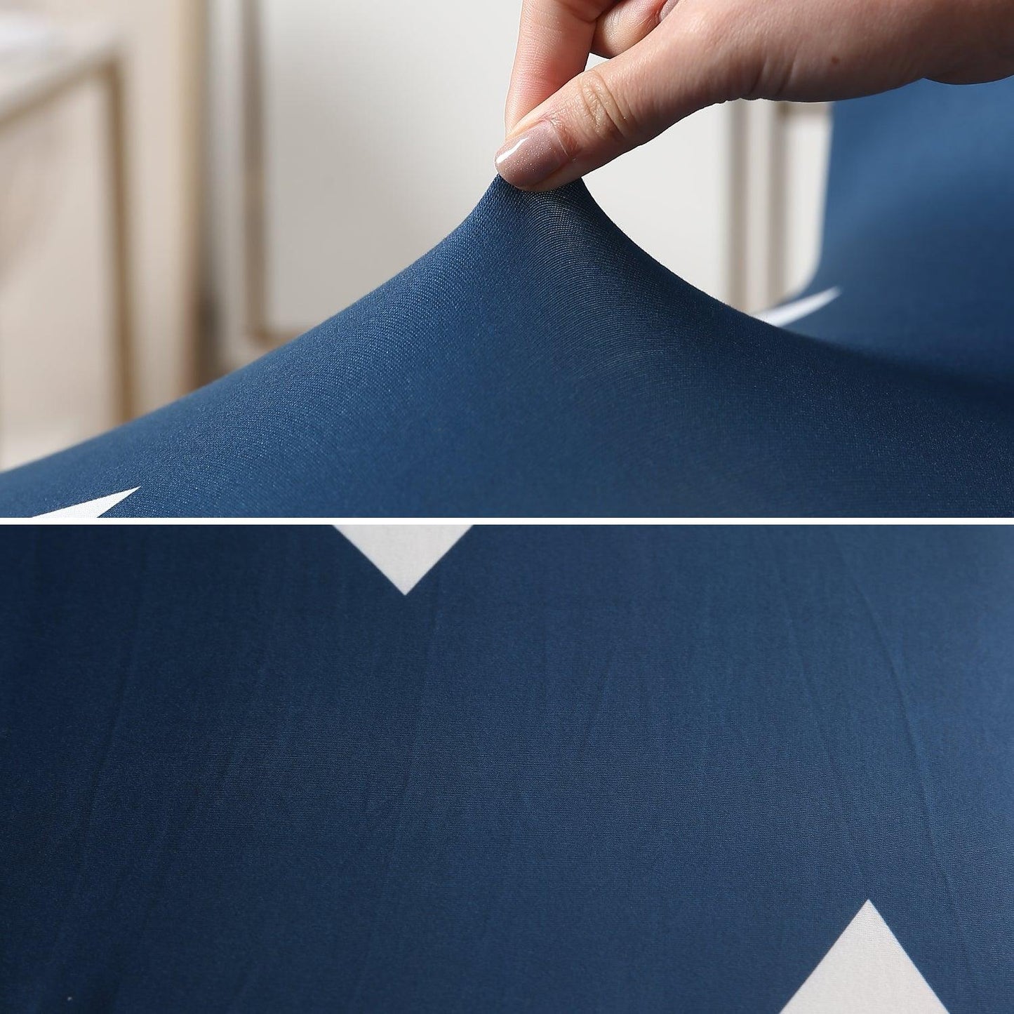 Elastic Stretchable Dining Chair Cover with Frill, Blue Triangle - HOKIPO | Har Ghar ka Humsafar