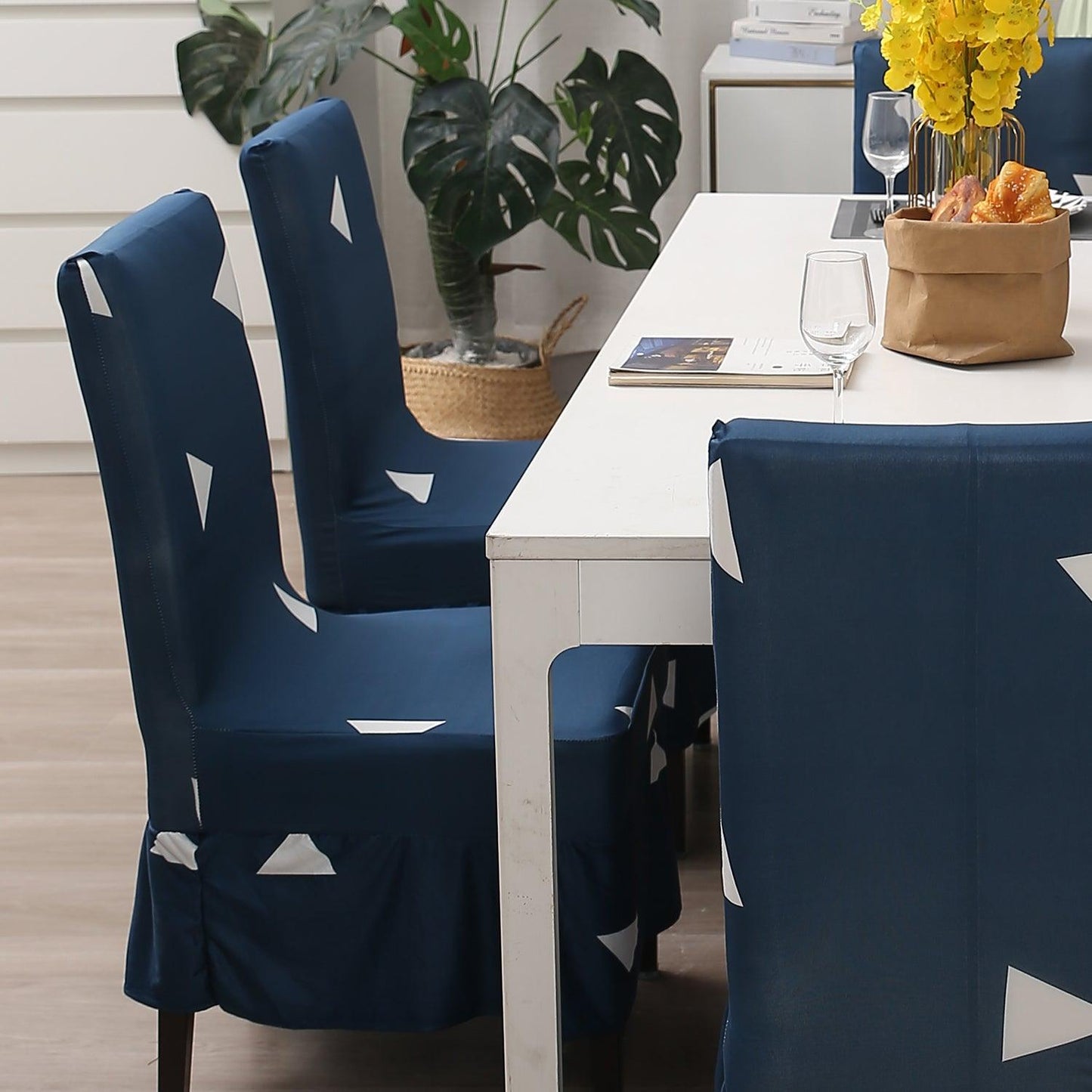 Elastic Stretchable Dining Chair Cover with Frill, Blue Triangle - HOKIPO | Har Ghar ka Humsafar