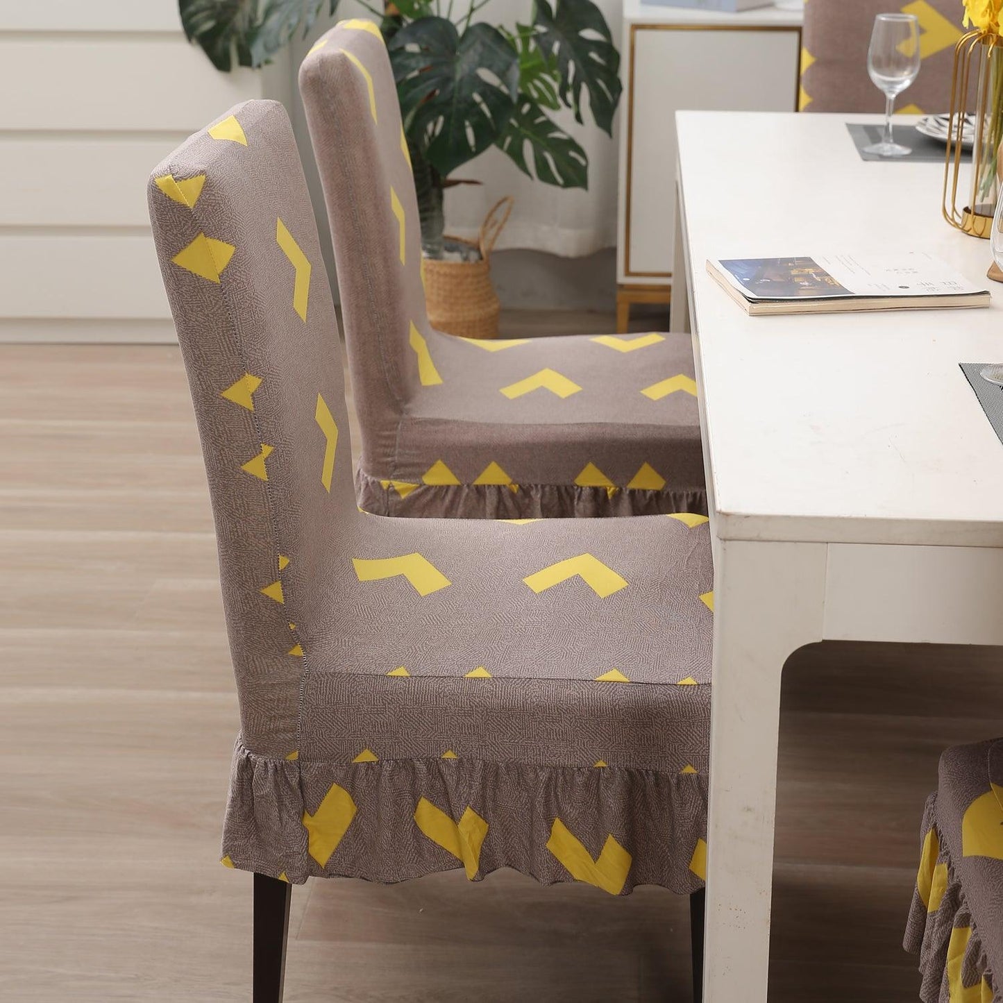 Elastic Stretchable Dining Chair Cover with Frill, Brown Arrow - HOKIPO | Har Ghar ka Humsafar
