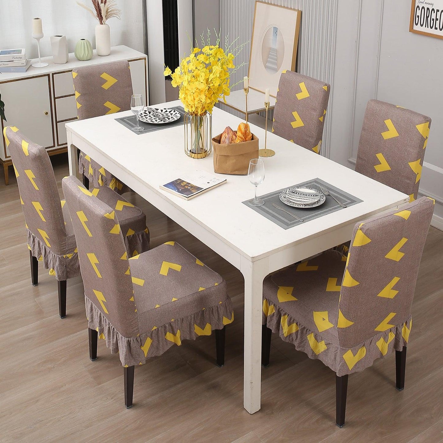 Elastic Stretchable Dining Chair Cover with Frill, Brown Arrow - HOKIPO | Har Ghar ka Humsafar