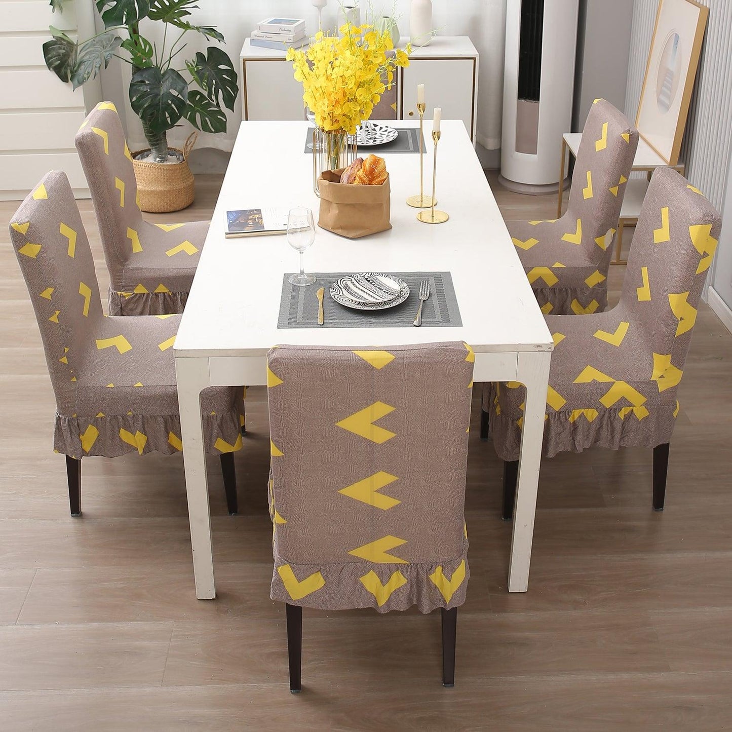Elastic Stretchable Dining Chair Cover with Frill, Brown Arrow - HOKIPO | Har Ghar ka Humsafar