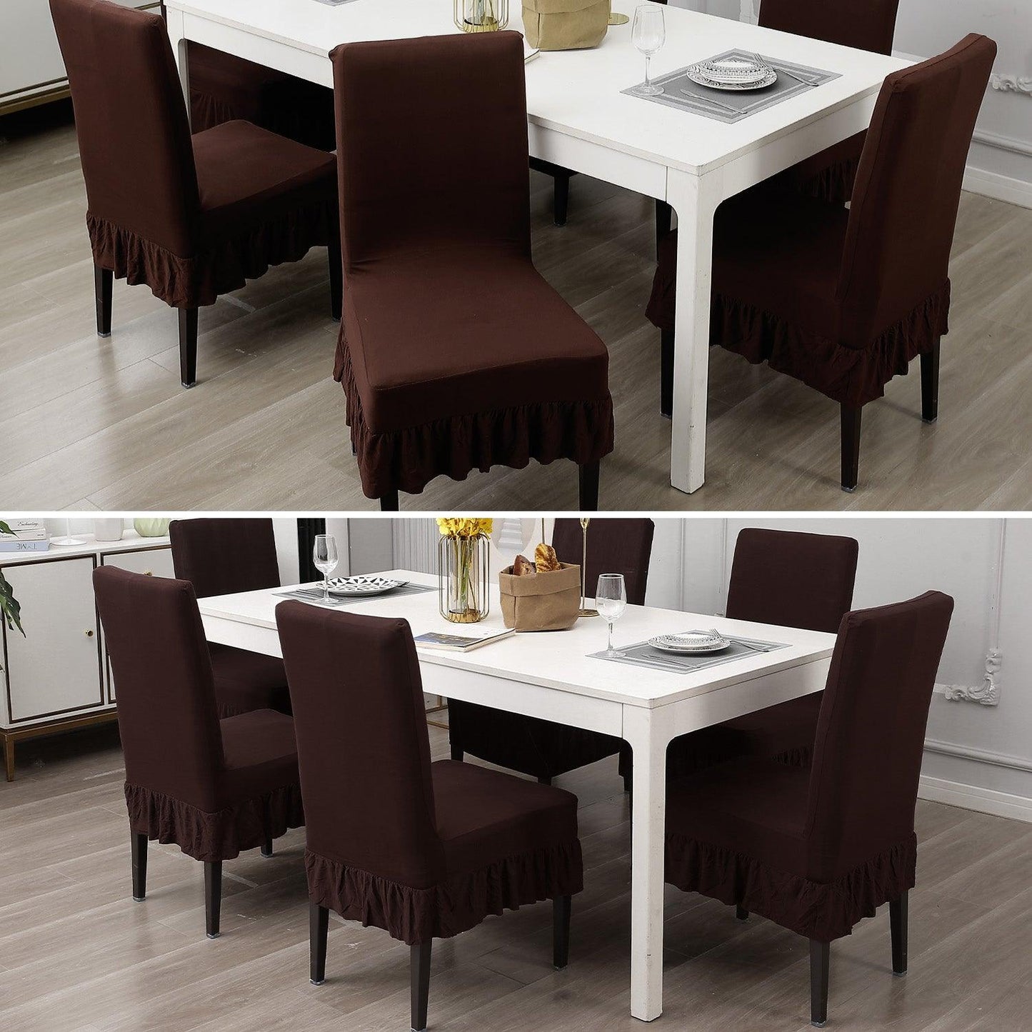 Elastic Stretchable Dining Chair Cover with Frill, Chocolate Brown - HOKIPO | Har Ghar ka Humsafar