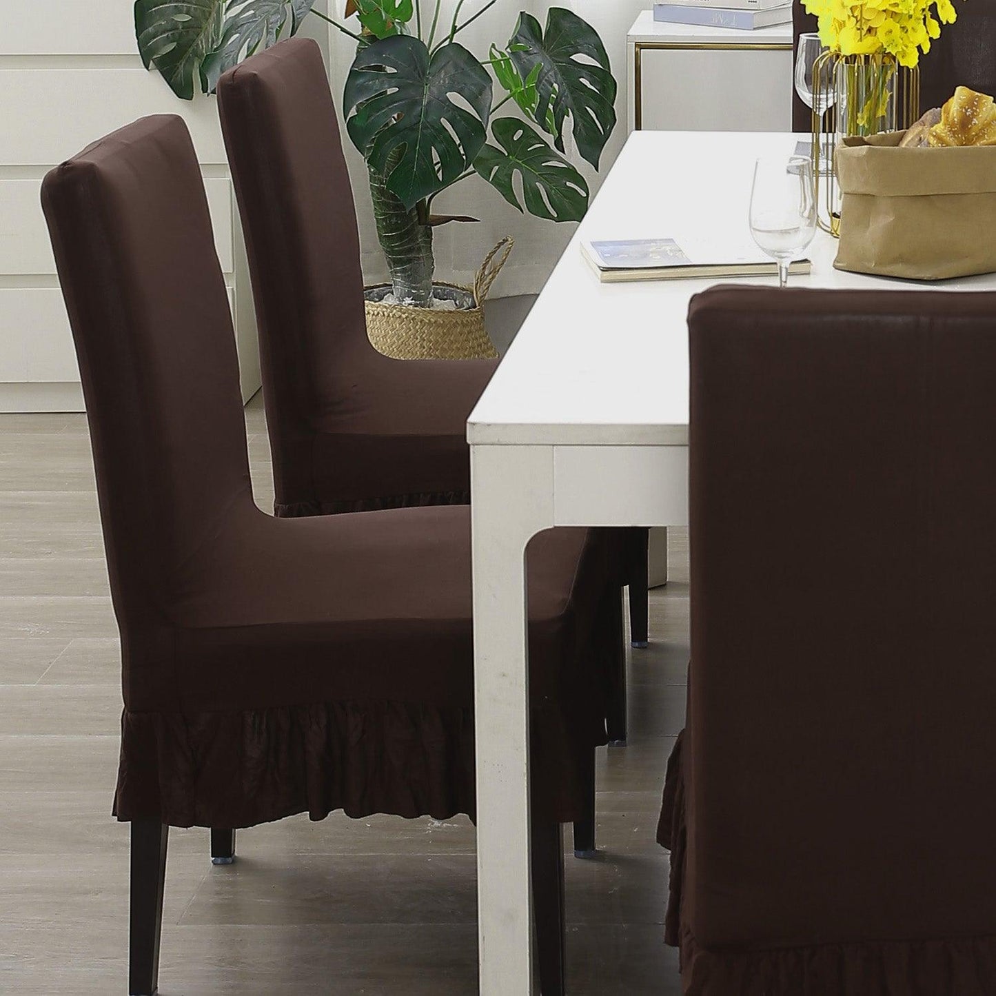Elastic Stretchable Dining Chair Cover with Frill, Chocolate Brown - HOKIPO | Har Ghar ka Humsafar