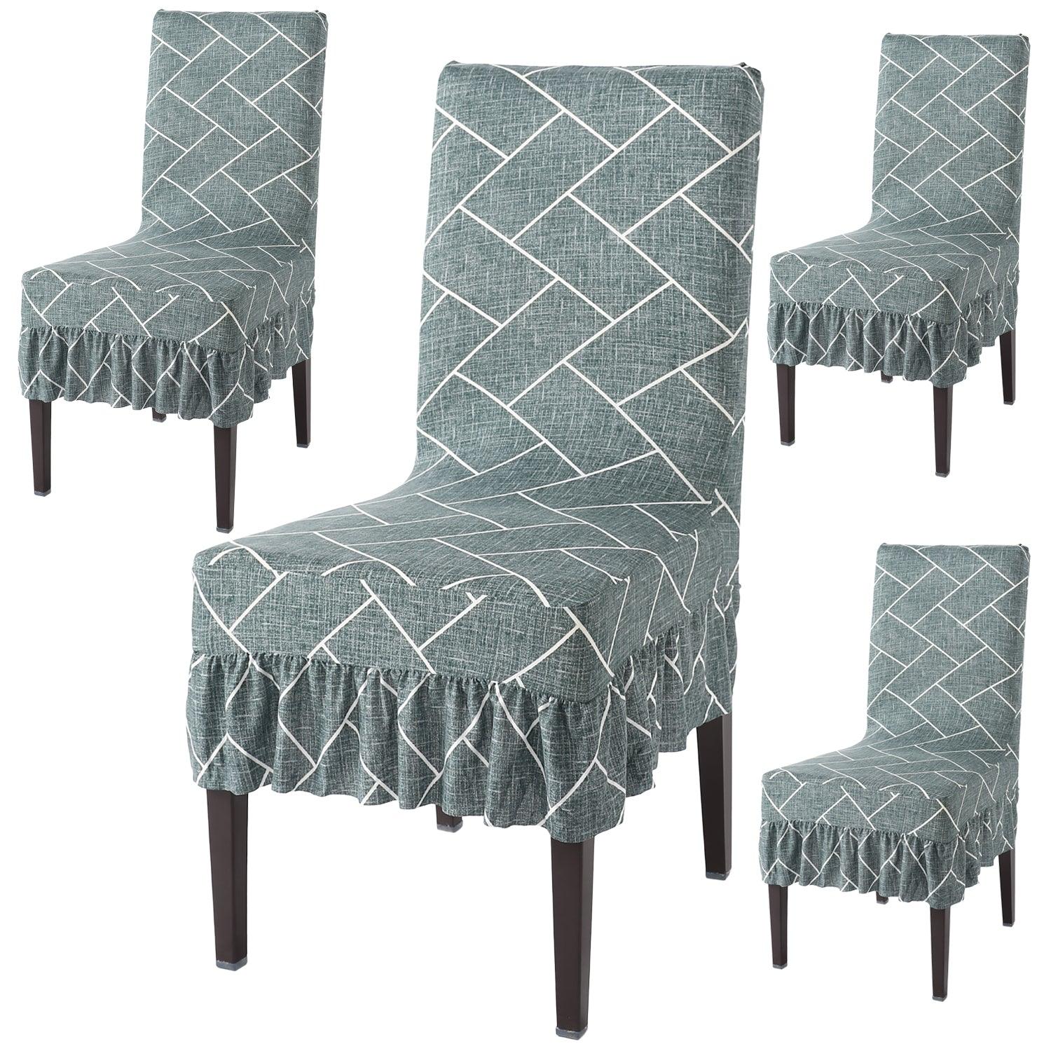 Elastic Stretchable Dining Chair Cover with Frill, Green Vertical Chevron - HOKIPO | Har Ghar ka Humsafar