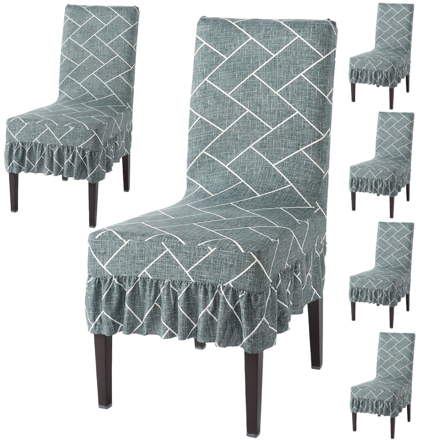 Elastic Stretchable Dining Chair Cover with Frill, Green Vertical Chevron - HOKIPO | Har Ghar ka Humsafar