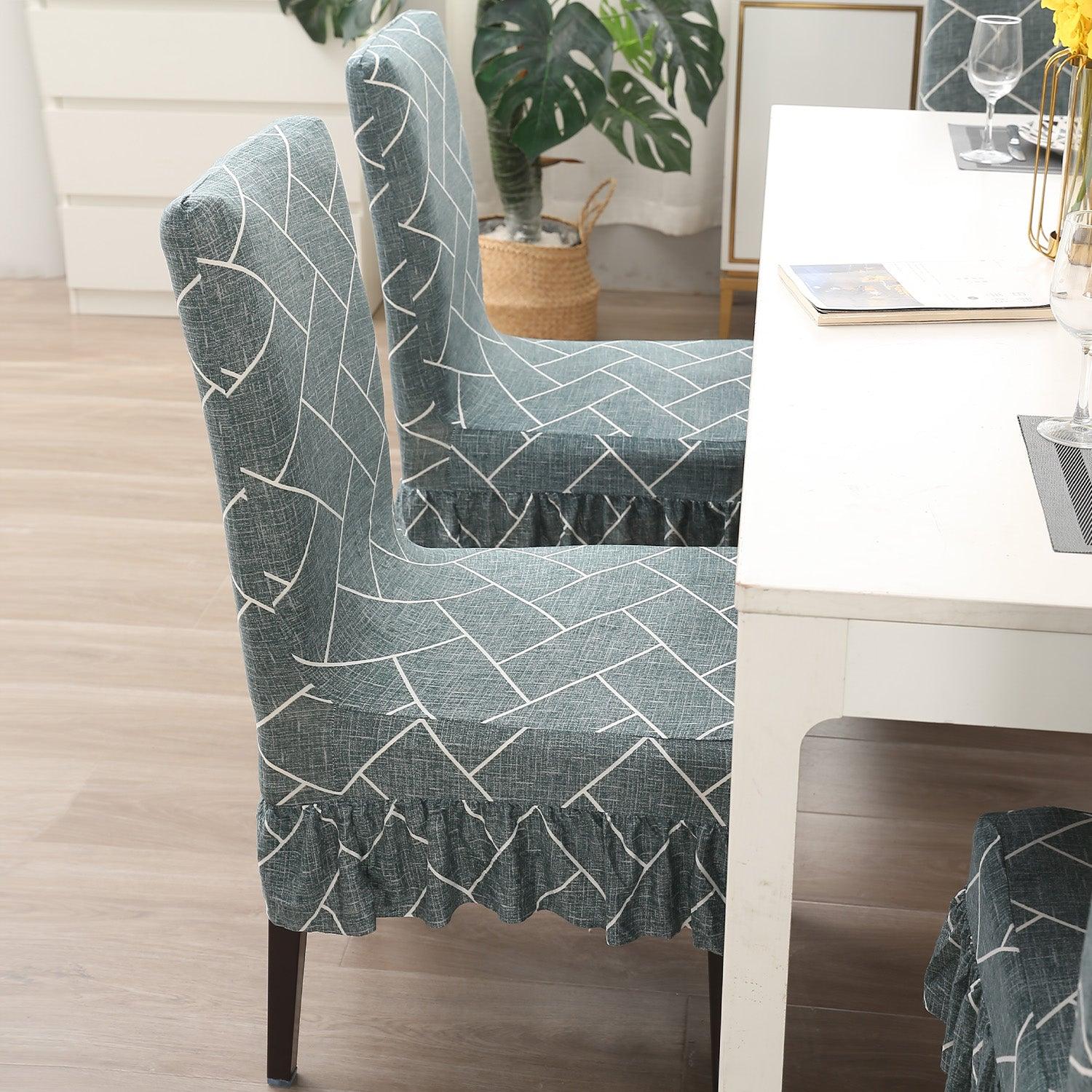 Elastic Stretchable Dining Chair Cover with Frill, Green Vertical Chevron - HOKIPO | Har Ghar ka Humsafar