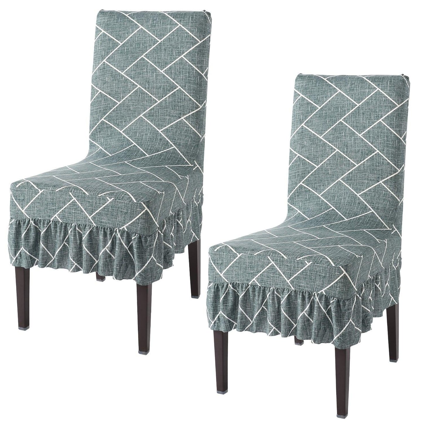 Elastic Stretchable Dining Chair Cover with Frill, Green Vertical Chevron - HOKIPO | Har Ghar ka Humsafar