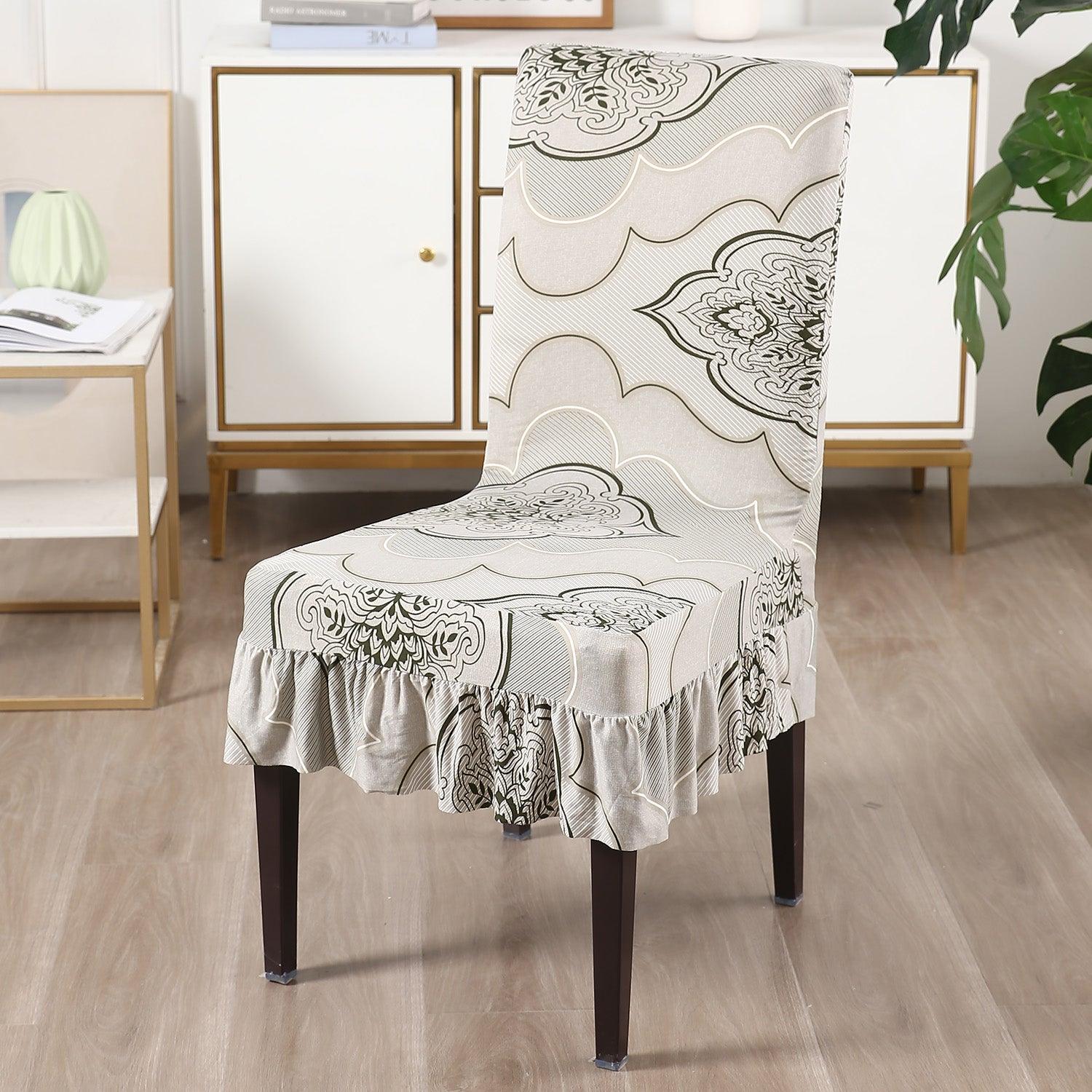 Elastic Stretchable Dining Chair Cover with Frill, Ivory Moroccan Flor