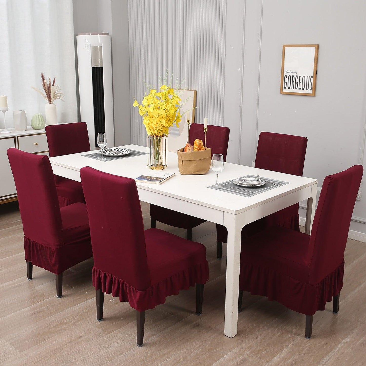 Elastic Stretchable Dining Chair Cover with Frill, Maroon - HOKIPO | Har Ghar ka Humsafar