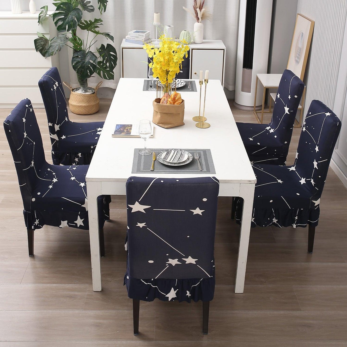 Elastic Stretchable Dining Chair Cover with Frill, Midnight Blue Star - HOKIPO | Har Ghar ka Humsafar