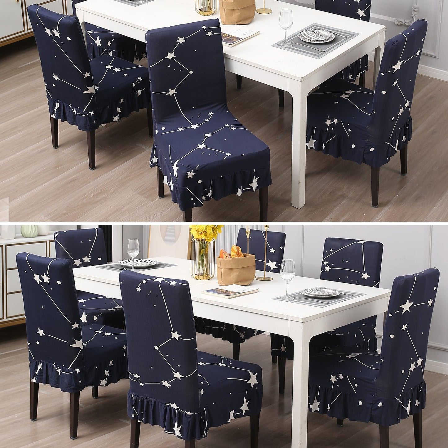 Elastic Stretchable Dining Chair Cover with Frill, Midnight Blue Star - HOKIPO | Har Ghar ka Humsafar