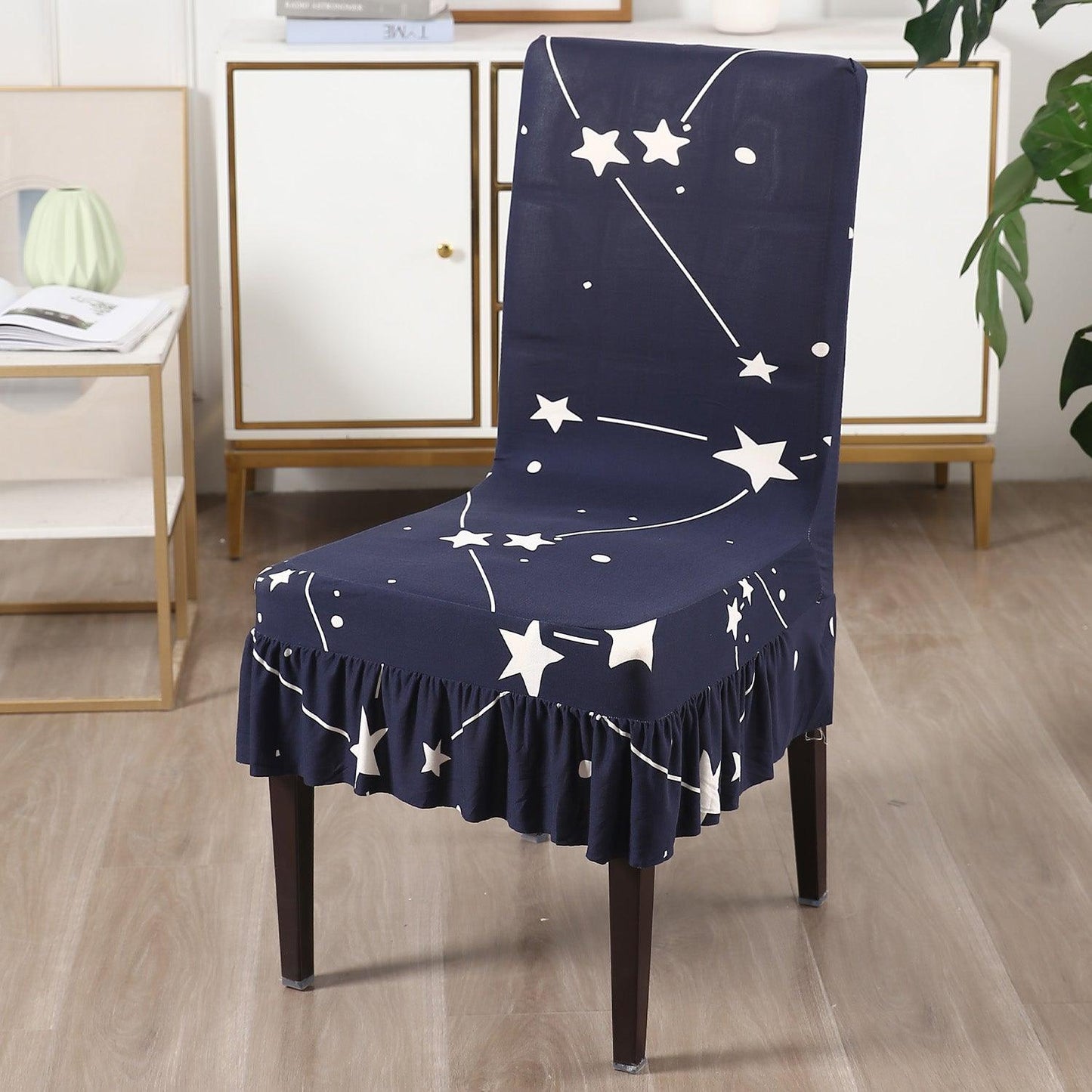 Elastic Stretchable Dining Chair Cover with Frill, Midnight Blue Star - HOKIPO | Har Ghar ka Humsafar