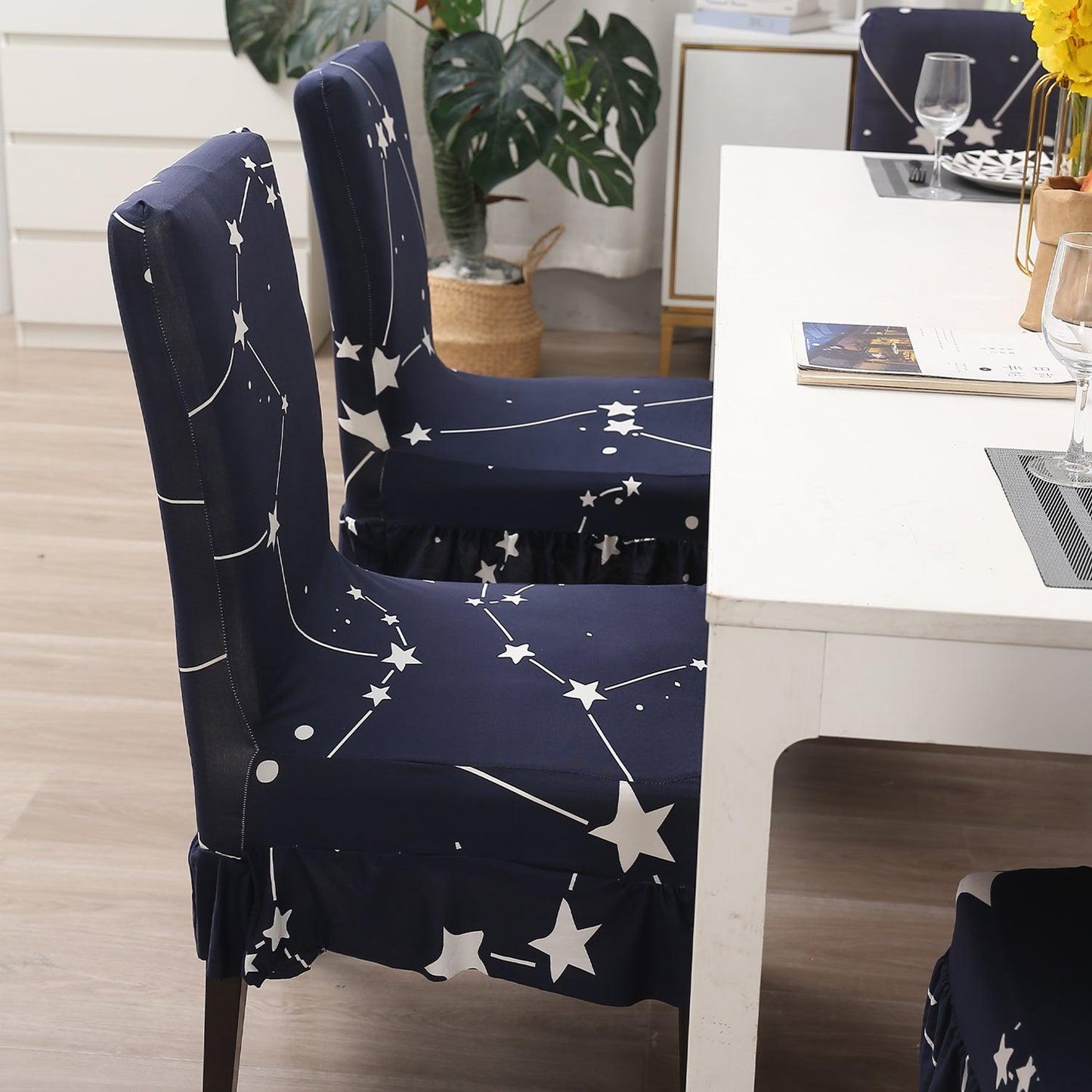 Elastic Stretchable Dining Chair Cover with Frill, Midnight Blue Star - HOKIPO | Har Ghar ka Humsafar
