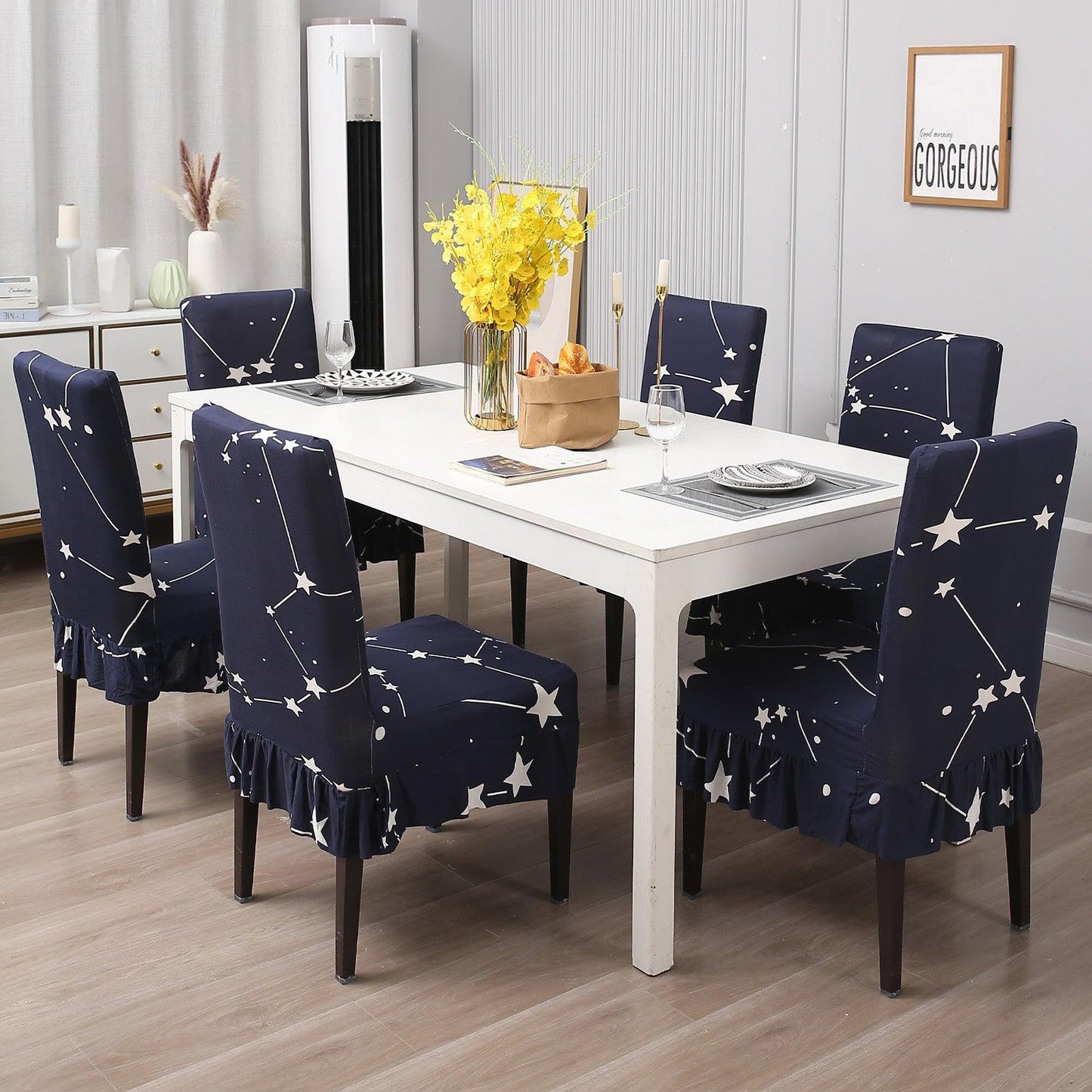 Elastic Stretchable Dining Chair Cover with Frill, Midnight Blue Star - HOKIPO | Har Ghar ka Humsafar