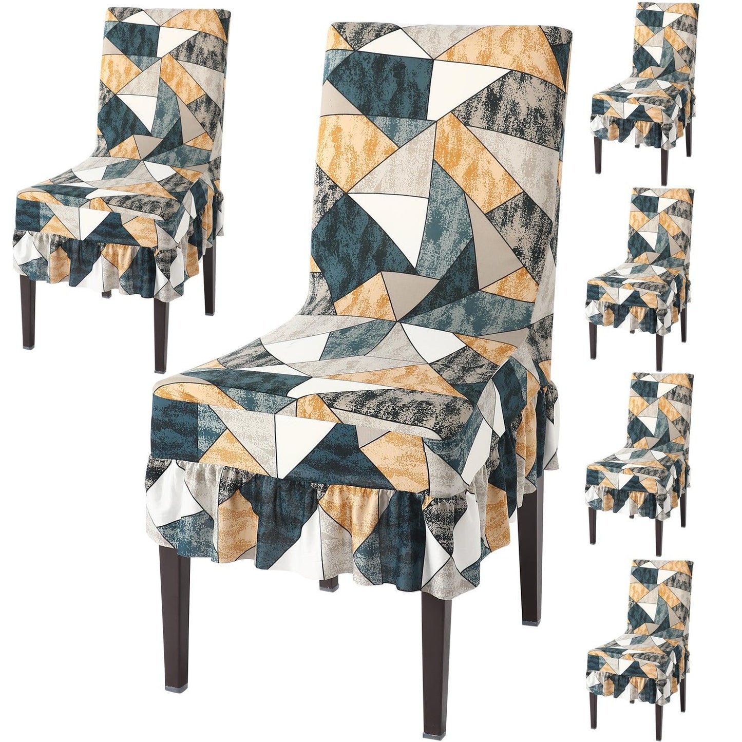 Elastic Stretchable Dining Chair Cover with Frill, Multicolor Geometric Print - HOKIPO | Har Ghar ka Humsafar