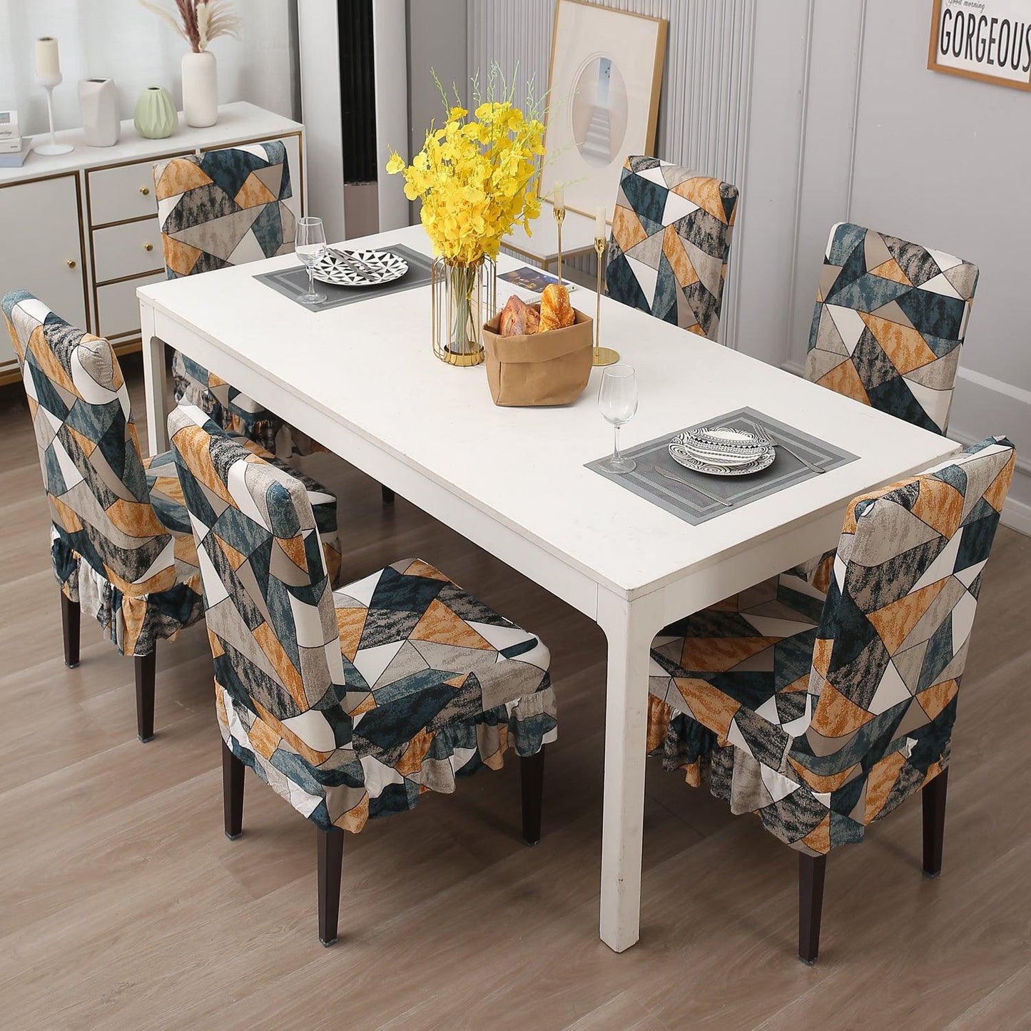 Elastic Stretchable Dining Chair Cover with Frill, Multicolor Geometric Print - HOKIPO | Har Ghar ka Humsafar