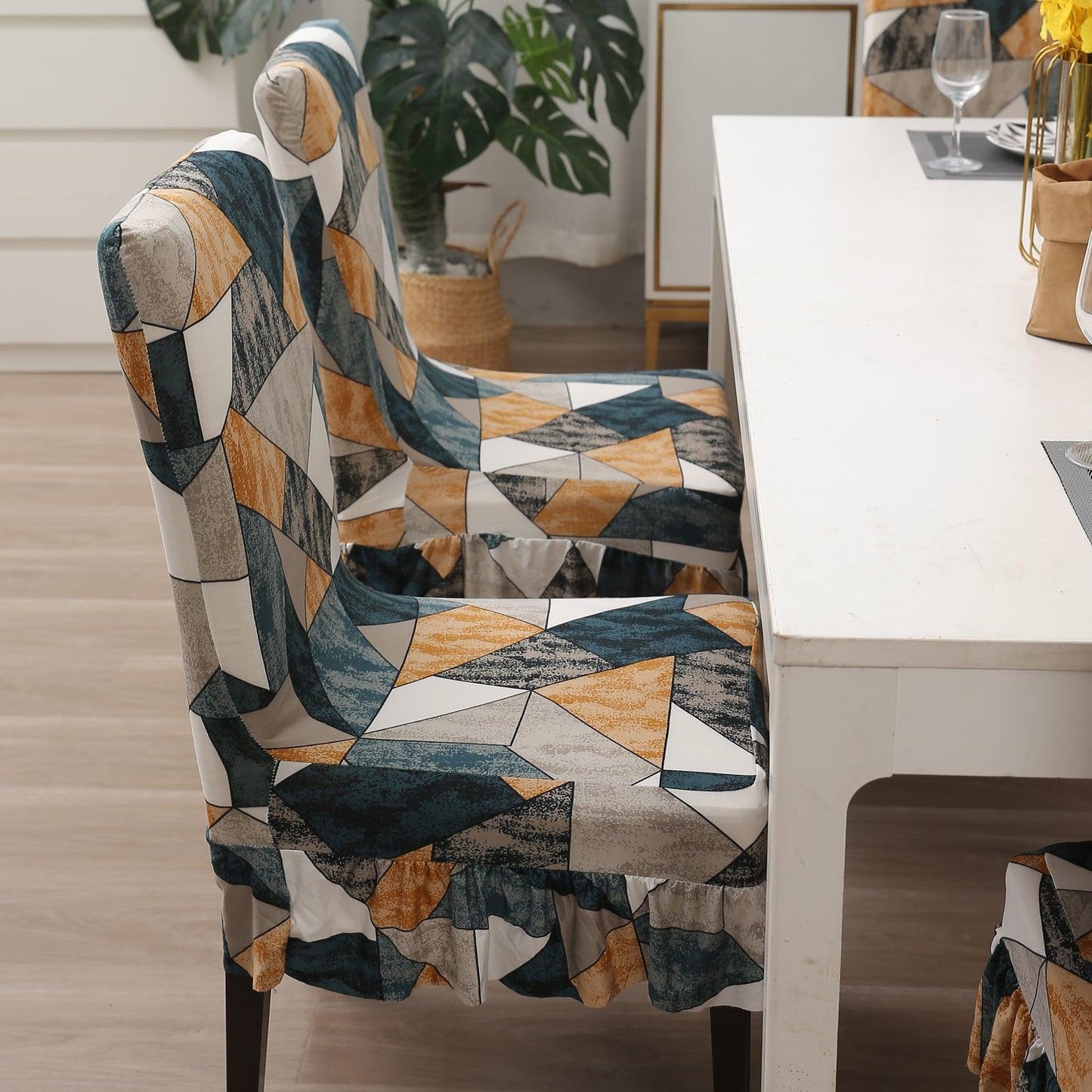 Elastic Stretchable Dining Chair Cover with Frill, Multicolor Geometric Print - HOKIPO | Har Ghar ka Humsafar