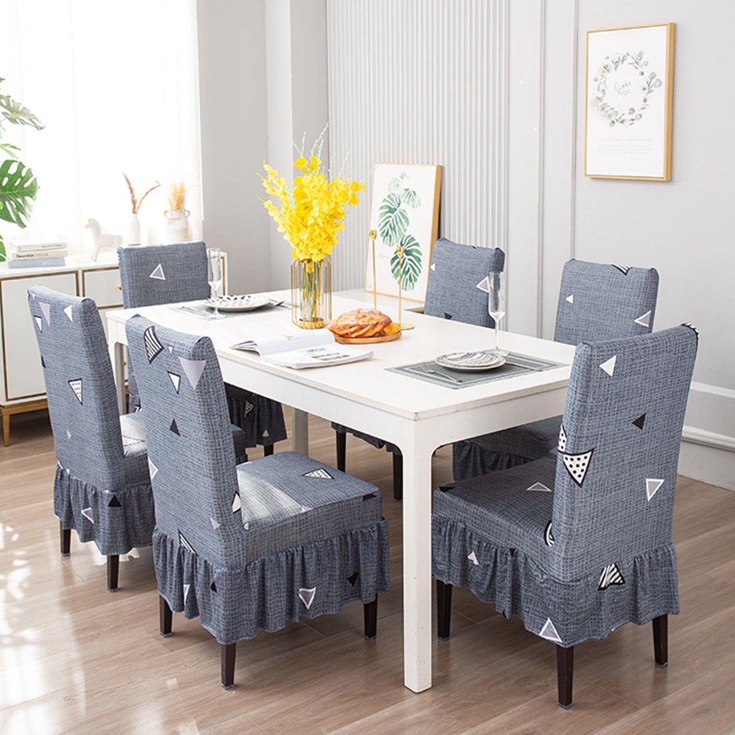 Elastic Stretchable Dining Chair Cover with Frill, Porpoise Grey Triangle - HOKIPO | Har Ghar ka Humsafar